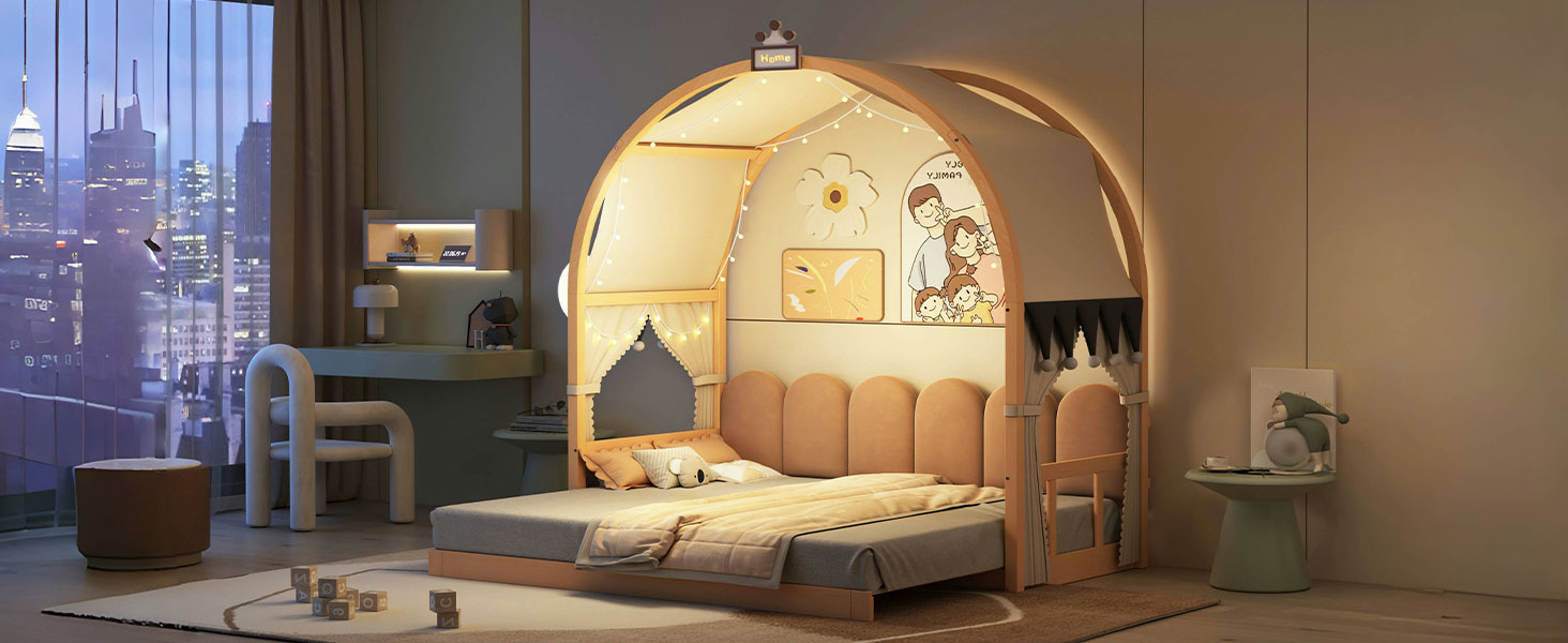 Twin Size Extended Bed With Arched Roof And Trundle, Natural Twin Natural Plywood