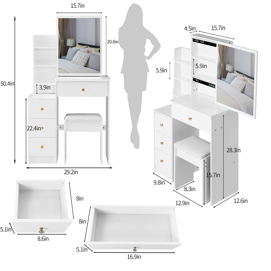 Small Size Left Bedside Cabinet Vanity Table Cushioned Stool, Extra Large Sliding Mirror, Multi Layer, High Capacity Storage Fashionable Dresser, Suitable For Small Space, Epa,Gcc,Ul Certificate