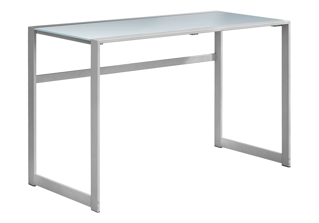 Computer Desk, Home Office, Laptop, 48"L, Work, Frosted White Tempered Glass, Grey Metal, Contemporary, Modern Silver Tempered Glass