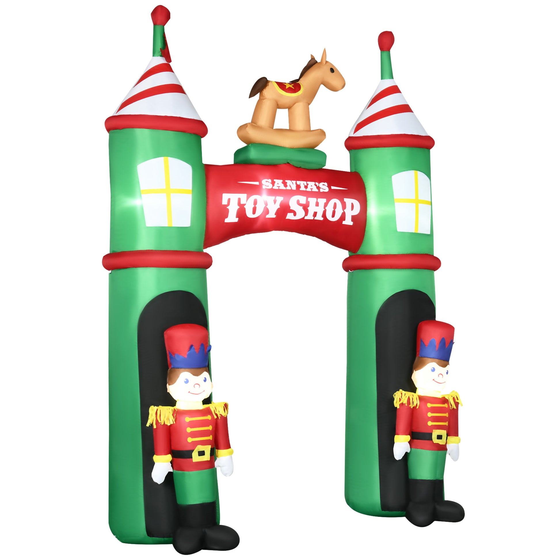 Outsunny 11.5Ft Christmas Inflatables Outdoor Decorations Archway With 2 Nutcracker Soldiers Rocking Horse, Blow Up Led Yard Christmas Decor For Lawn Garden Party Green Polyester