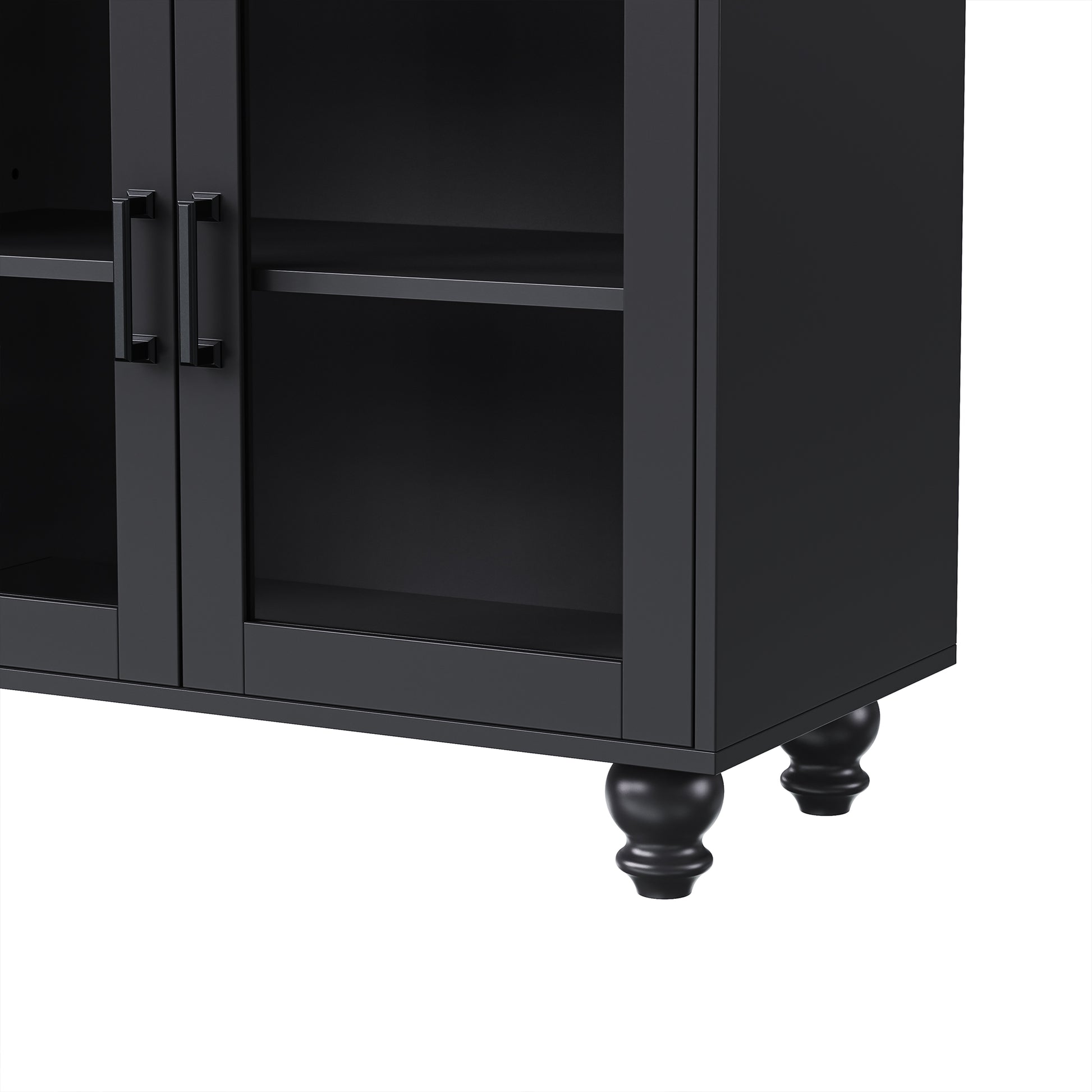 Farmhouse Tv Stand With Tempered Glass Doors For Tvs Up To 70", Versatile Sideboard With Adjustable Shelves, Elegant Buffet Cabinet With 5 Solid Wood Gourd Shaped Legs For Living Room, Black Black