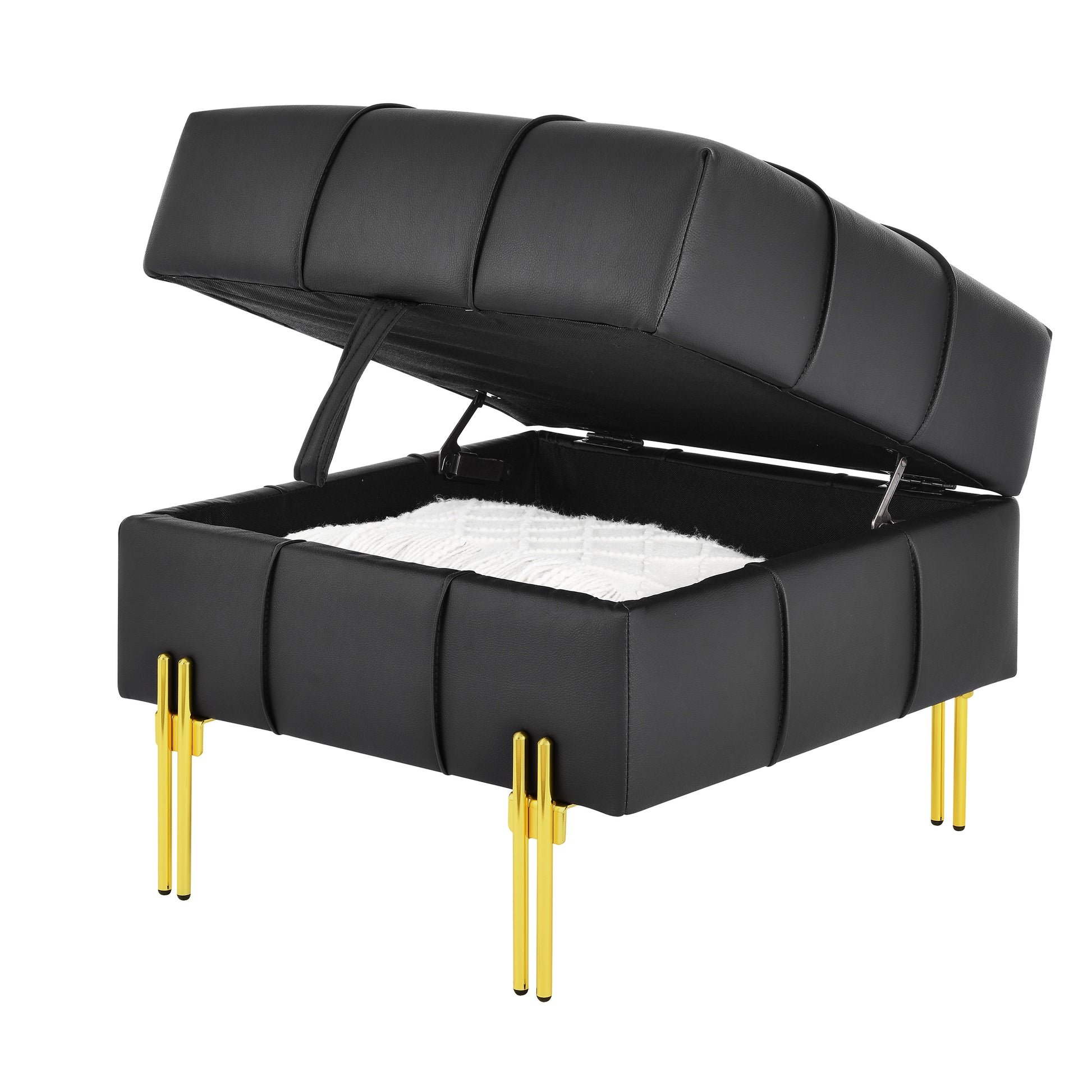 22 Inches Anti Scratch Leather Storage Ottoman, Pet Friendly Entryway Bench With Golden Stainless Steel Legs, Black Black Pu Leather