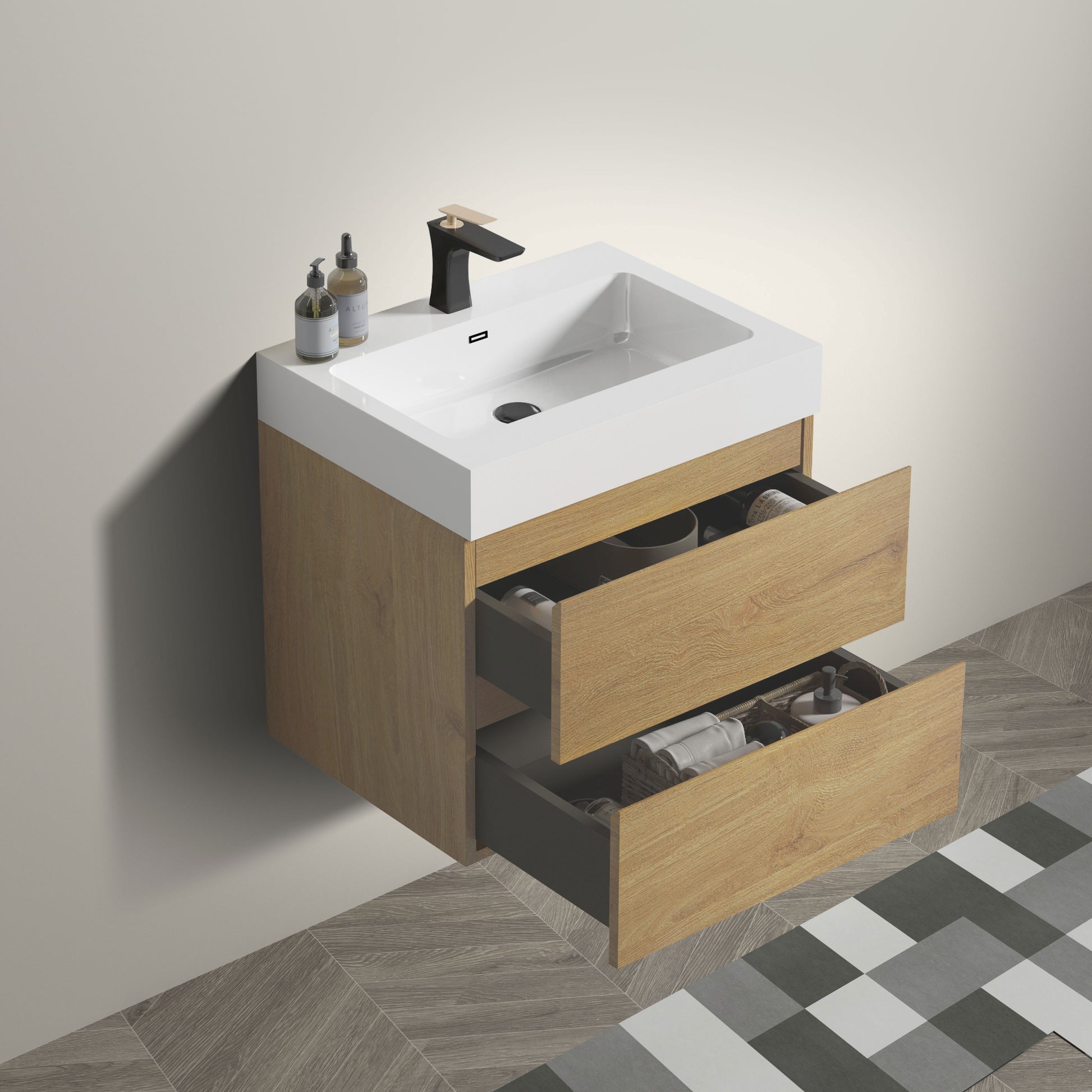 U040 Alice24 106 Alice 24" Natural Oak Bathroom Vanity With Sink, Large Storage Wall Mounted Floating Bathroom Vanity For Modern Bathroom, Pre Assembled Oak Melamine