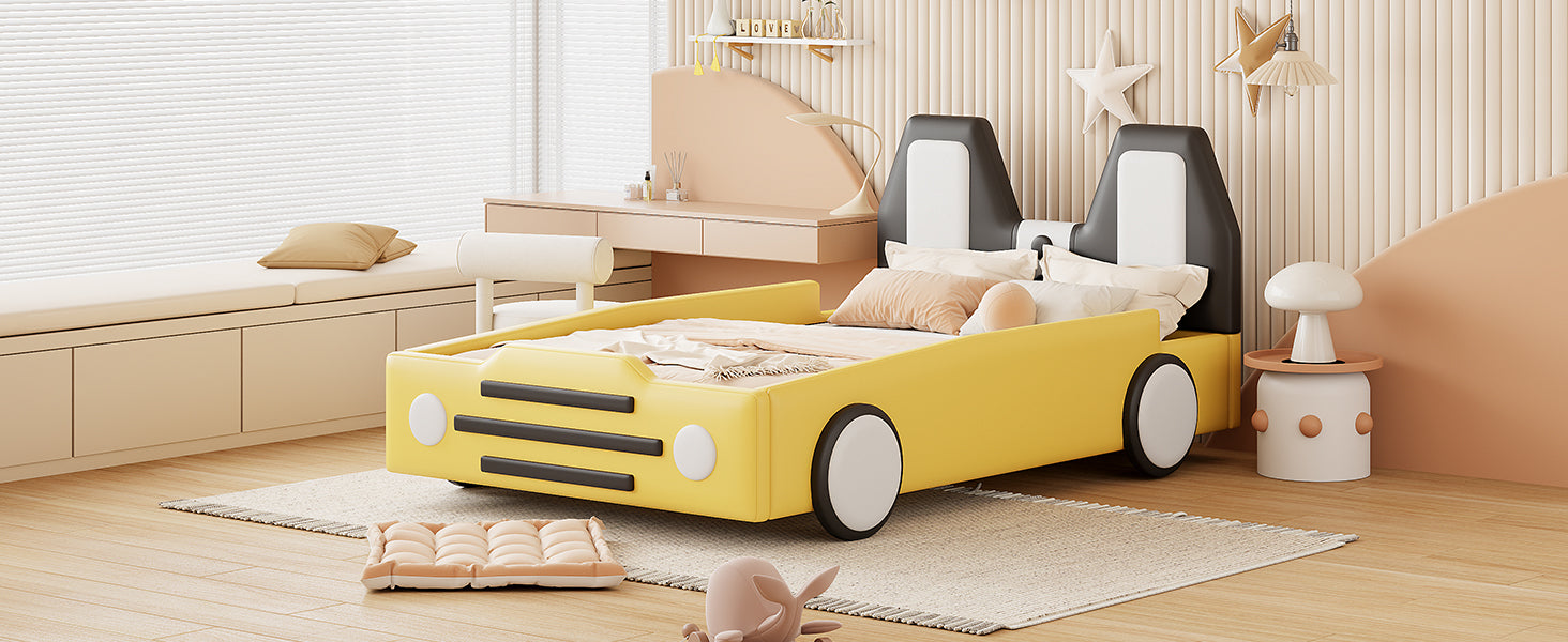 Twin Size Race Car Shaped Platform Bed With Wheels,Yellow Yellow Pu Leather