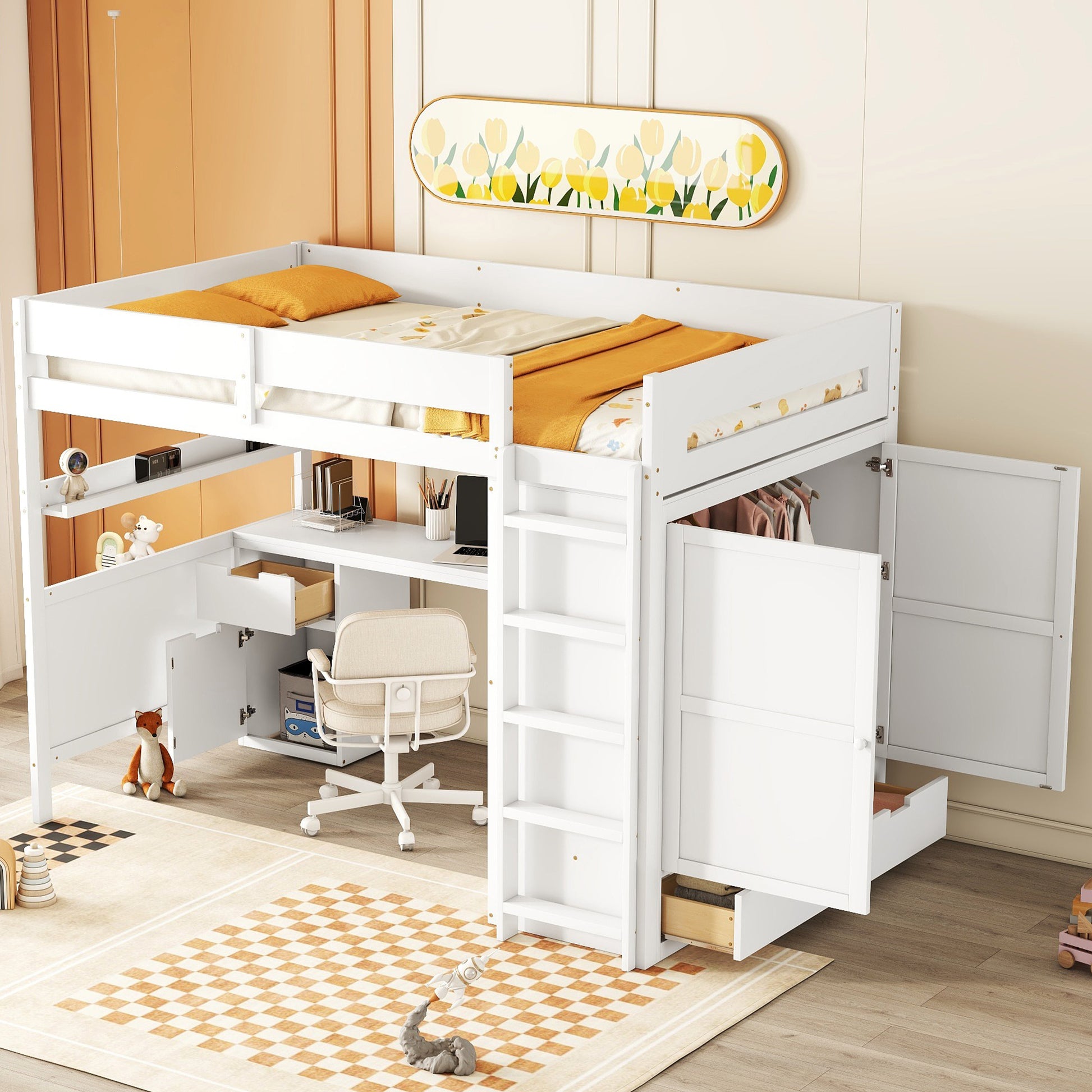 Full Size Wooden Loft Bed With Wardrobe, Desk, Drawers, Shelves, White Full White Plywood