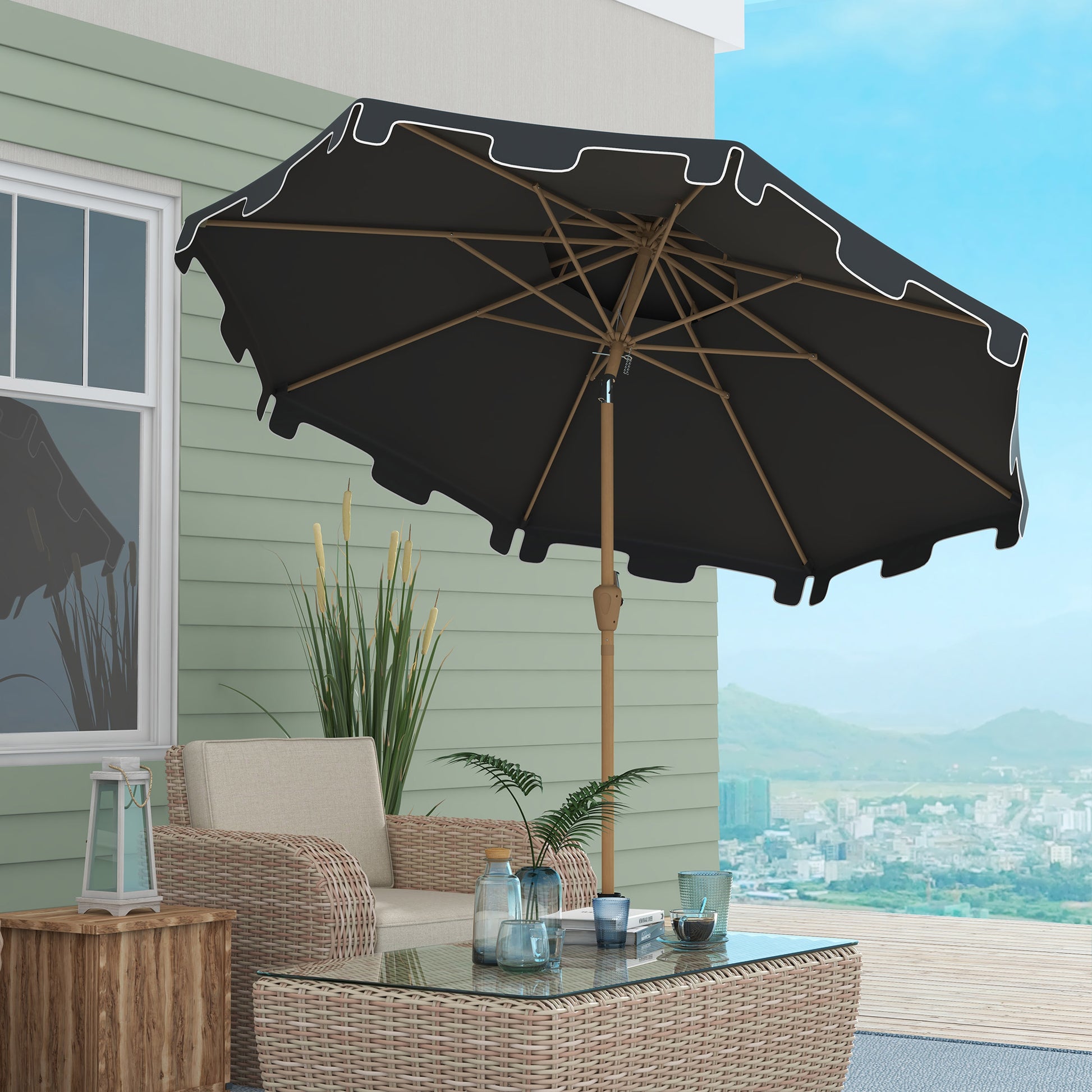 Outsunny 9' Patio Umbrella With Push Button Tilt And Crank, Double Top Ruffled Outdoor Market Table Umbrella With 8 Ribs, For Garden, Deck, Pool, Dark Gray Dark Gray Polyester