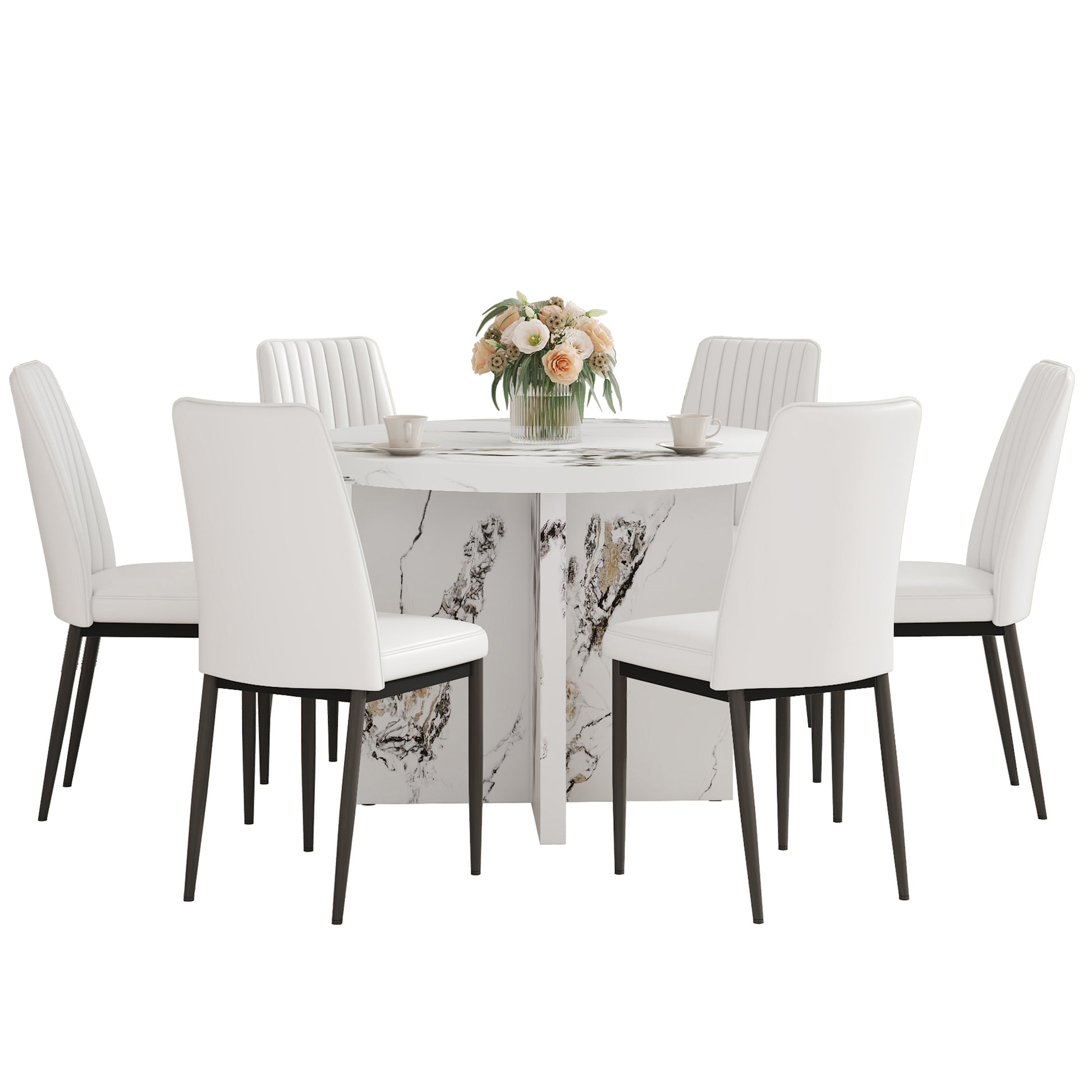 7 Piece Round Dining Table Set, 42 Inch Modern Round Table And 6 Upholstered Chairs For Dining Room, Kitchen Room, Living Room, Easy Assembly Metal White 42 Inches Modern Trestle Round Mdf Mdf