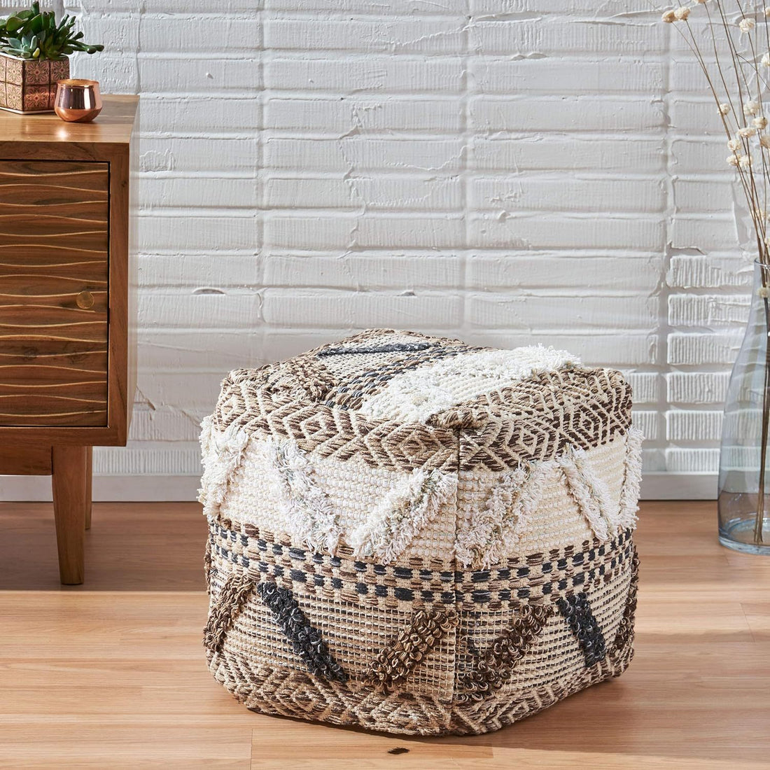 Woven Wool Pouf Multi Fabric