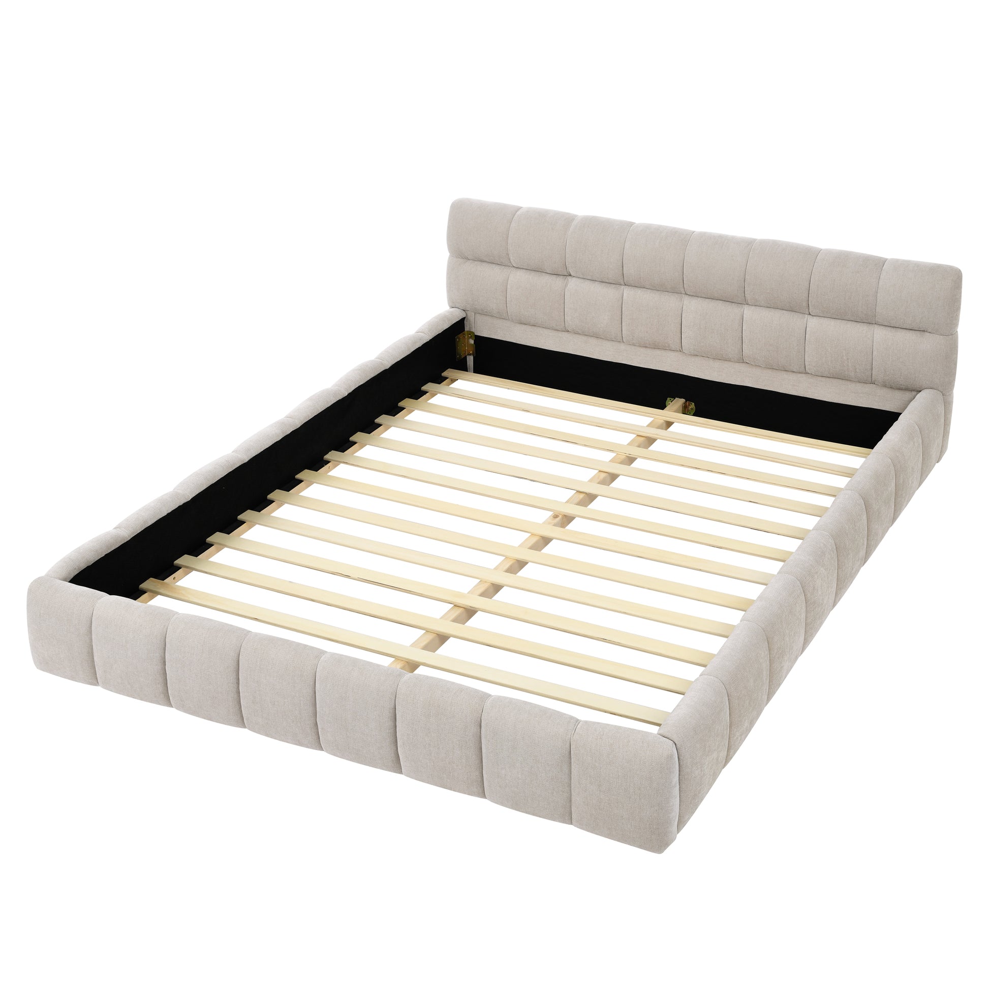 Queen Size Upholstered Bed Frame With Thick Fabric, Chenille Fabric Grounded Queen Size Platform Bed With Headboard And Solid Frame. No Box Spring Needed, Beige 68''*86.5''*23.5'' Box Spring Not