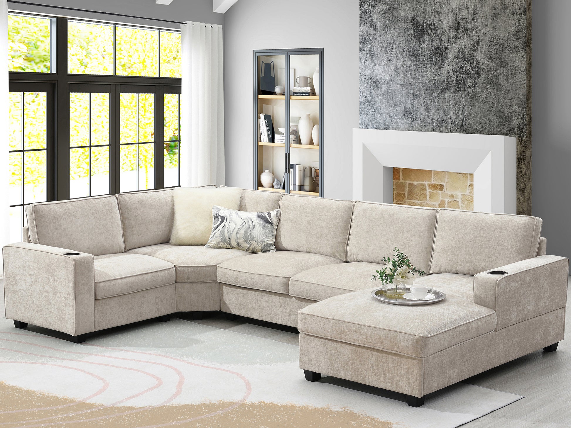 119*67" U Shaped Sectional Sofa,6 Seat Chenille Couch Set With Oversized Chaise Lounge,Irregular Corner,Deep Seat Comfy Sofa With Cup Holders For Living Room,Apartment,2 Colors Beige Chenille 6 Seat