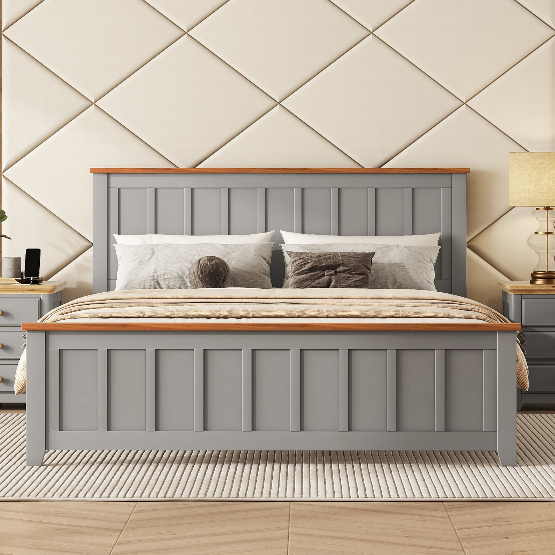 Queen Size Wood Platform Bed Wooden Slat Support, Vintage Simple Bed Frame With Rectangular Headboard And Footboard, Grey Box Spring Not Required Queen Grey Wood