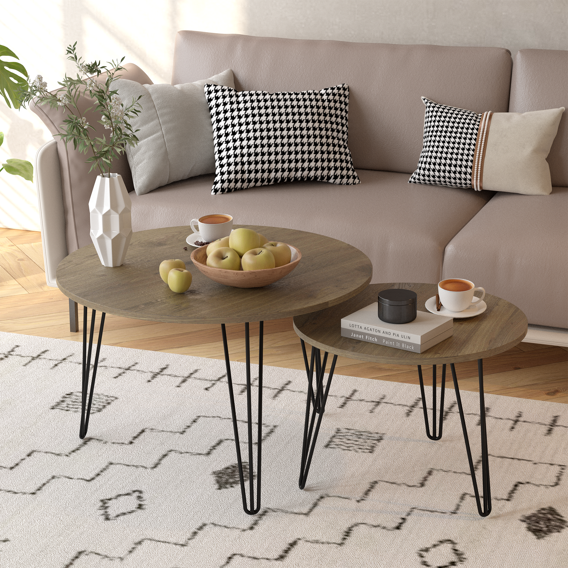 27.56'' Round Nesting Coffee Table Set Of 2, Circular Nesting End Table Set, Round Wooden Tabletop, And Sturdy Metal Base For Living Room, Bedroom, Brown Rustic Brown Round Wood Metal