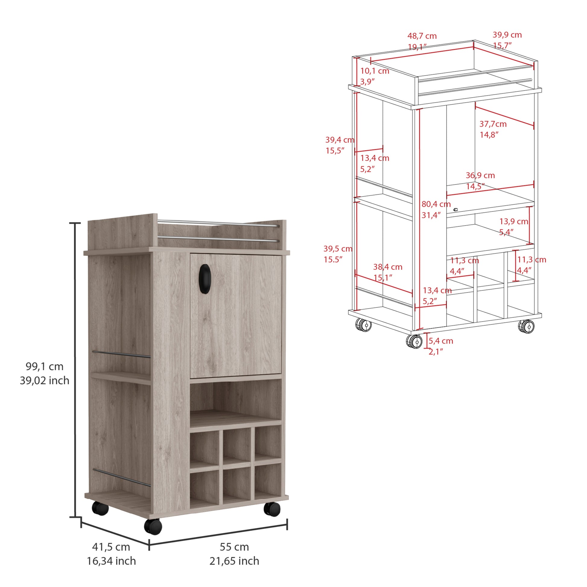 Fargo Bar Cart With Cabinet, 6 Built In Wine Rack And Casters Grey Primary Living Space Modern Particle Board Shelves Included Engineered Wood