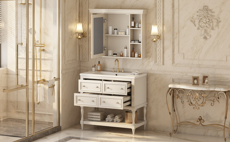 36'' Bathroom Vanity With Medicine Cabinet, Modern Mirror Cabinet With Adjustable Shelf, Bathroom Storage Cabinet With 4 Drawers, Solid Wood Frame Bathroom Storage Cabinet 4 Beige 1 5 Adjustable Hinges Bathroom Freestanding Solid Wood Mdf Resin Painted