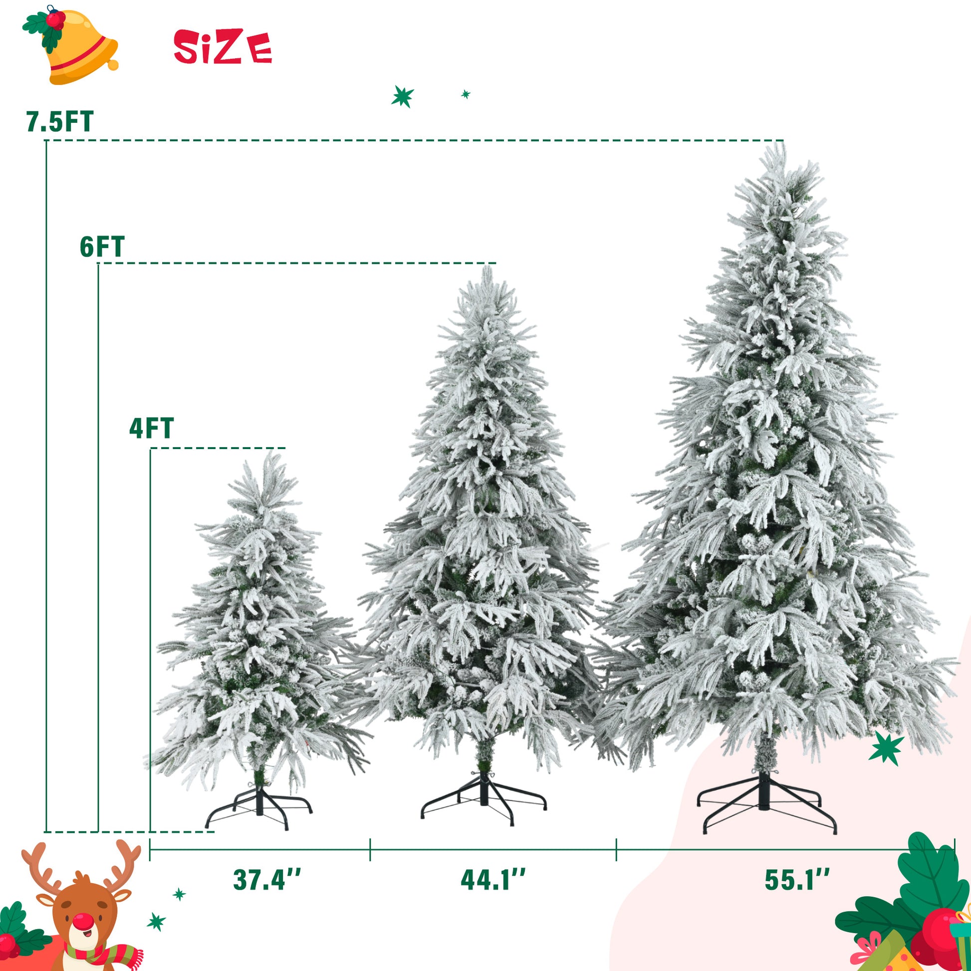 Pre Lit Spruce Snow Flocked Christmas Tree Set 4Ft, 6Ft, 7.5Ft, Artificial Hinged Xmas Tree With 800 Warm Yellow & Colorful Led Lights, 8 Flashing Modes, Holiday Office Home D Cor White Green Polyethylene