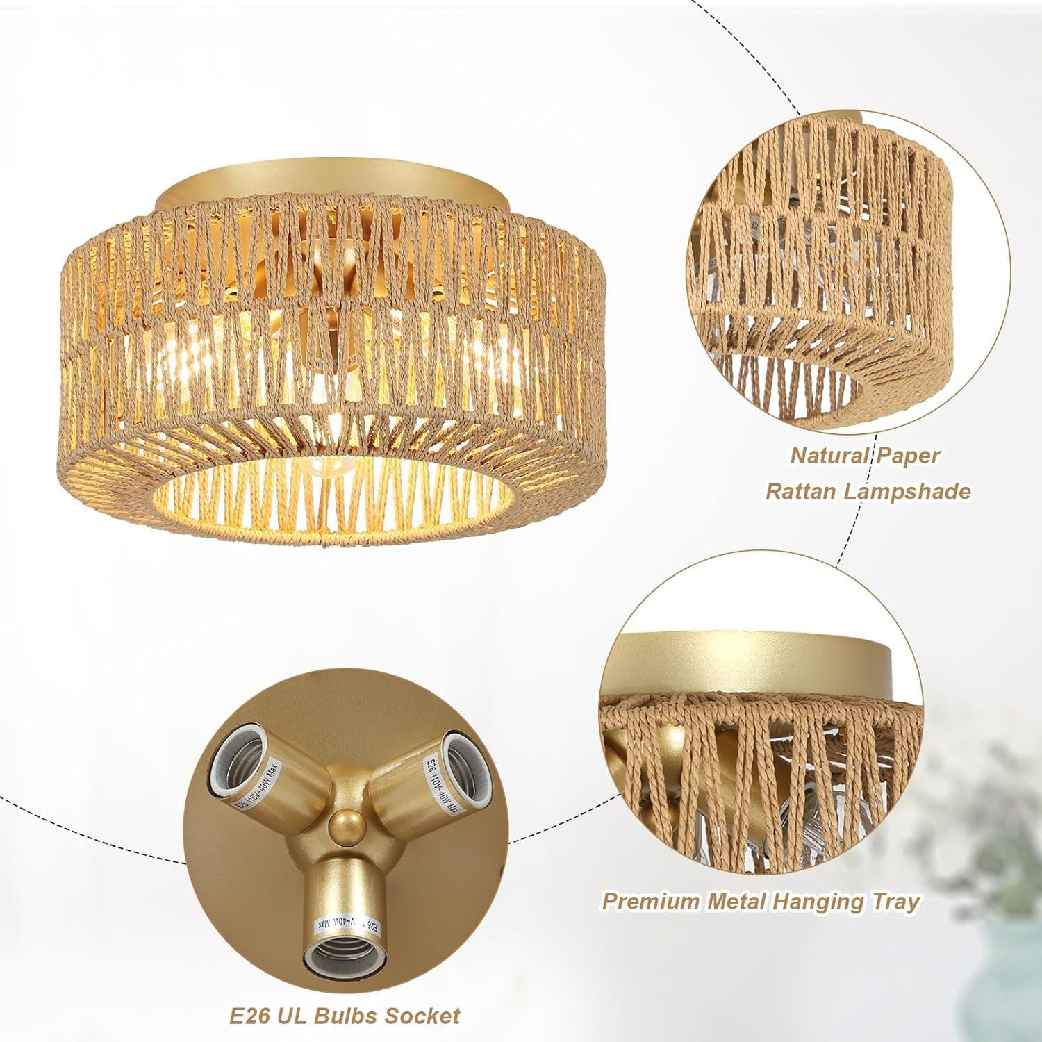 3 Light Farmhouse Rattan Ceiling Light Brown Rattan Metal