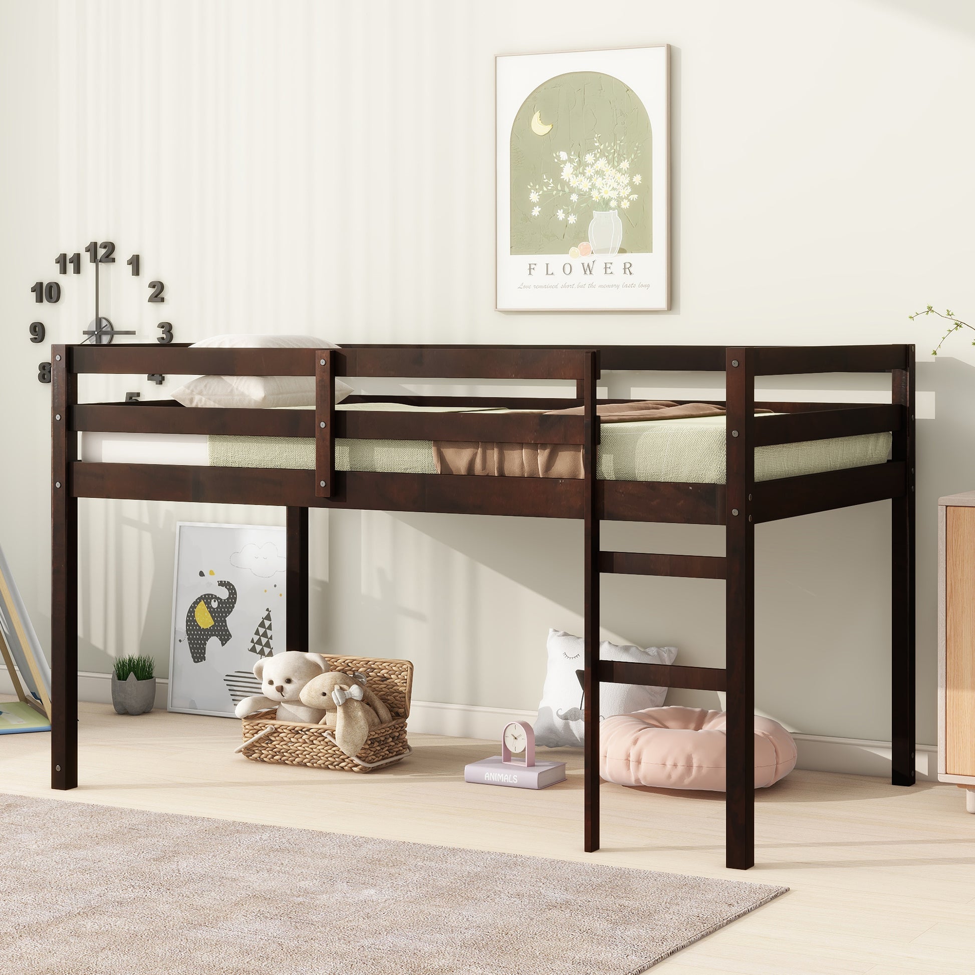 Solid Wooden, Rubber Wooden Twin Loft Bed With Ladder, Bed Platform Of Strengthened Slatsespresso Twin Espresso Rubber Wood