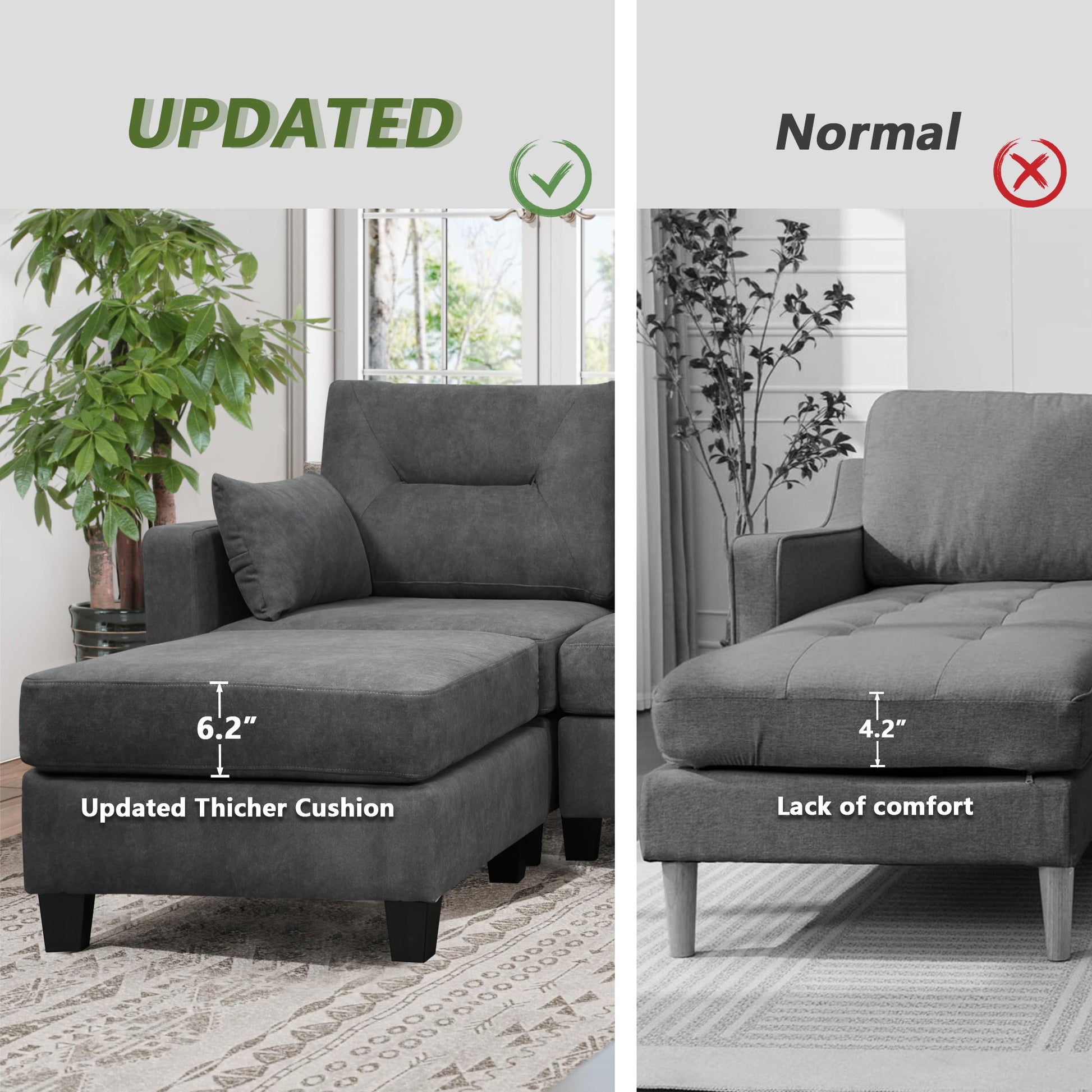Oversized 86.1'' L Shaped Modular Sectional Couches With Usb Ports, Lumbar Pillows Gray Velvet Wood Primary Living Space Medium Soft Cushion Back Extra Heavy Duty Foam Foam Spring 5 Seat
