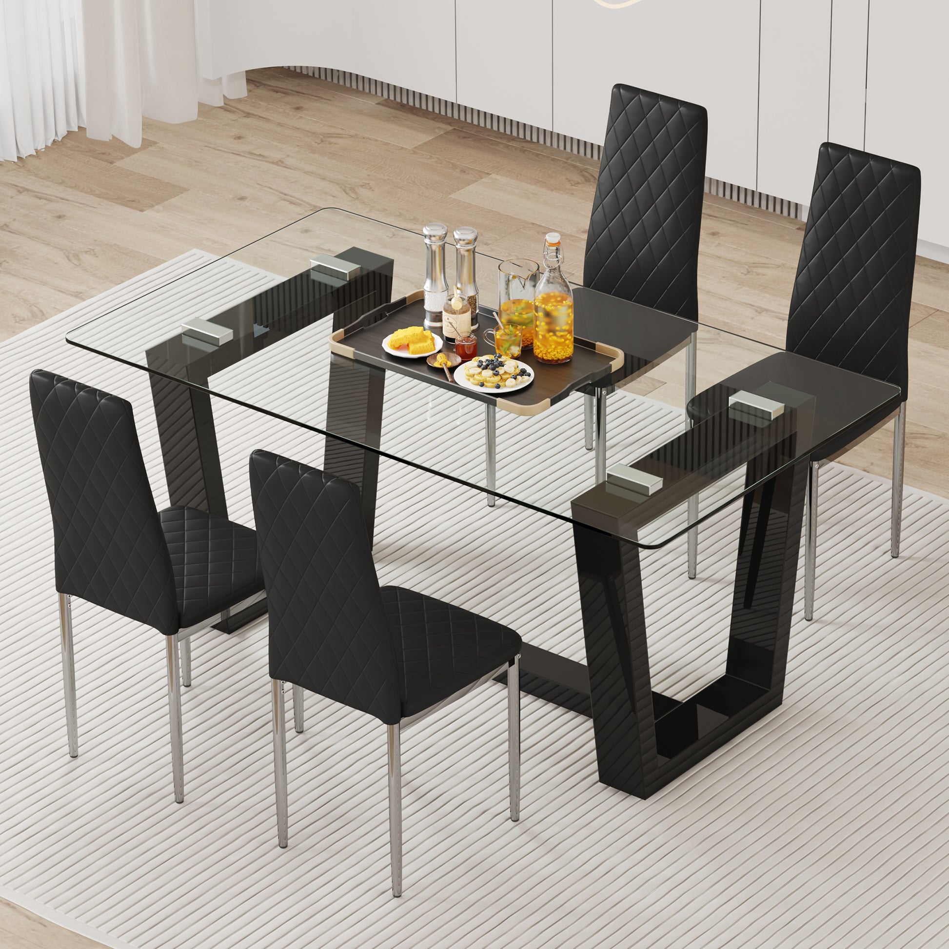 Table And Chair Set.A Rectangular Dining Table Features With Tempered Glass Top And Sleek Black Mdf Stand.Paried With 4 Pu Chairs With Checkered Armless High Back And Electroplated Metal Legs. Black,Transparent Seats 4 Mdf Glass