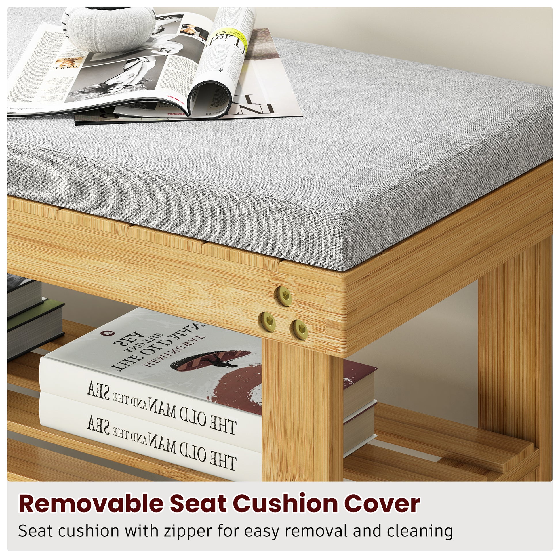 Bamboo Shoe Bench, 3 Tier Shoe Rack, Entryway Bench With Cushion And Adjustable Shelves, Shoe Rack For Entryway, Hallway, Mudroom And Living Room, Bamboo Khaki Bamboo