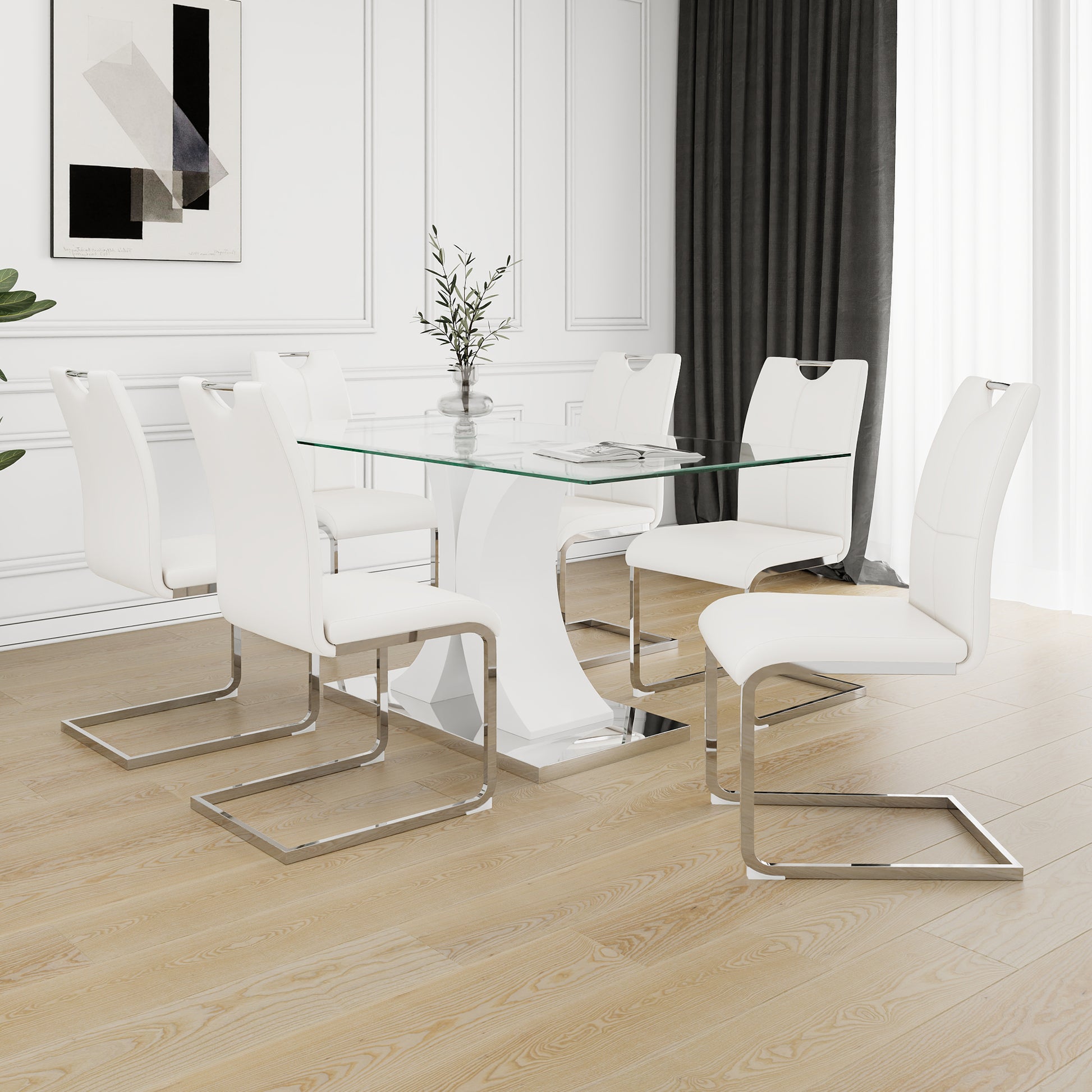 Modern Style Glass Table, Elegant Transparent Design, Durable Support Base, White Dining Chair Set, Electroplated Chair Legs, Suitable For Restaurant Kitchens Set Of 7 White Mdf Metal