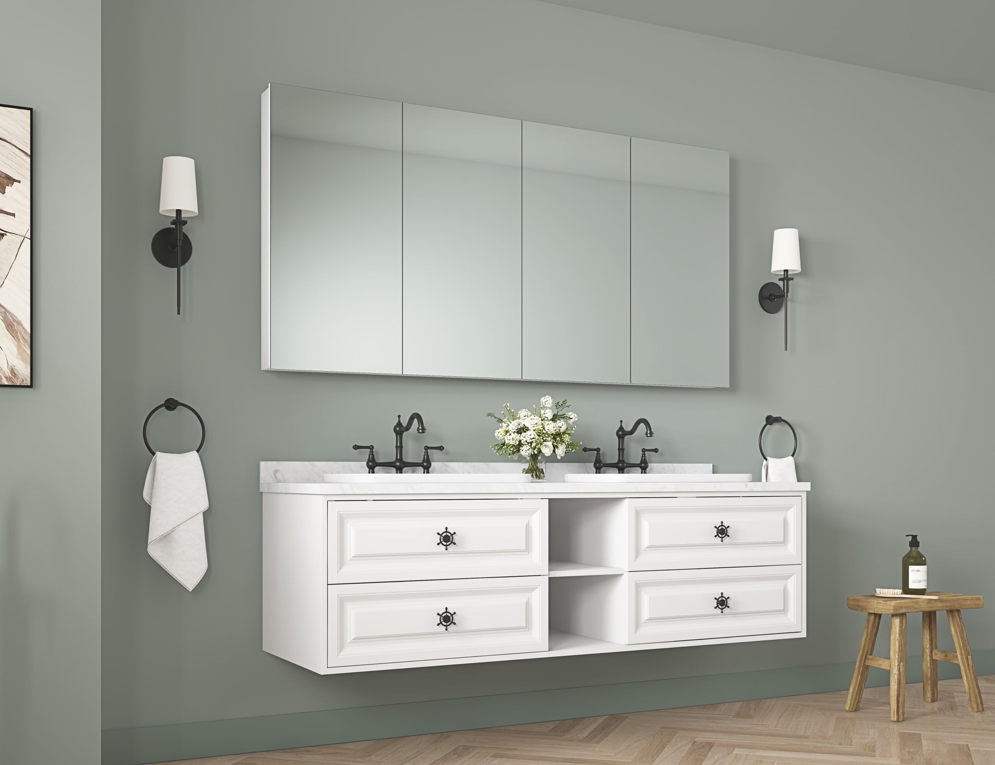 72'' W X 36'' H Surface Frameless Mirror Medicine Cabinet, Beveled Mirror Edges Bathroom Medicine Cabinet White Engineered Wood