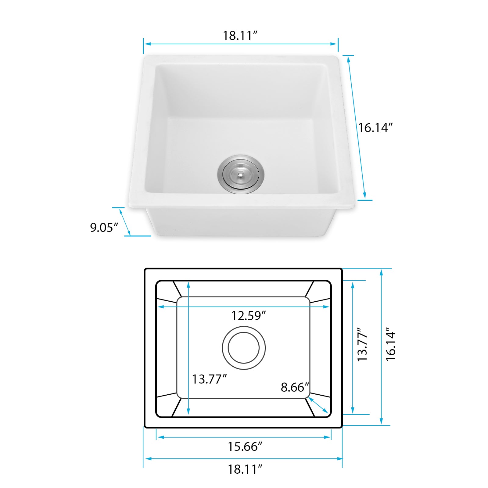 Quartz 18" L X 16" W Undermount Bar Sink With Grid And Strainer White Quartz