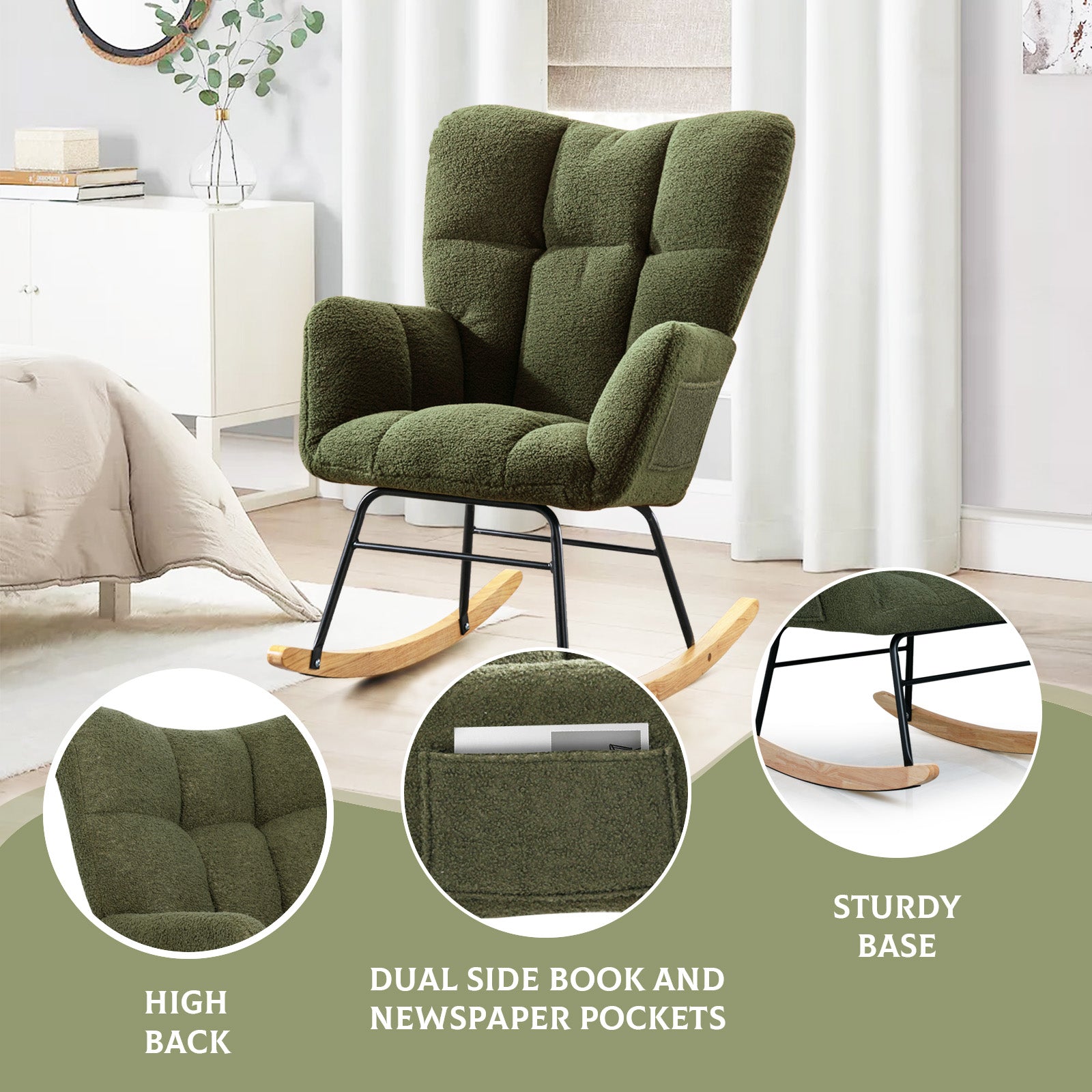 Teddy Fabric Rocking Chair, Modern Rocking Accent Chair For Nursery, Living Room, Bedroom, Deep Green Metal Olive Green Bedroom Foam Modern Rocking Chairs Foam Wood Metal