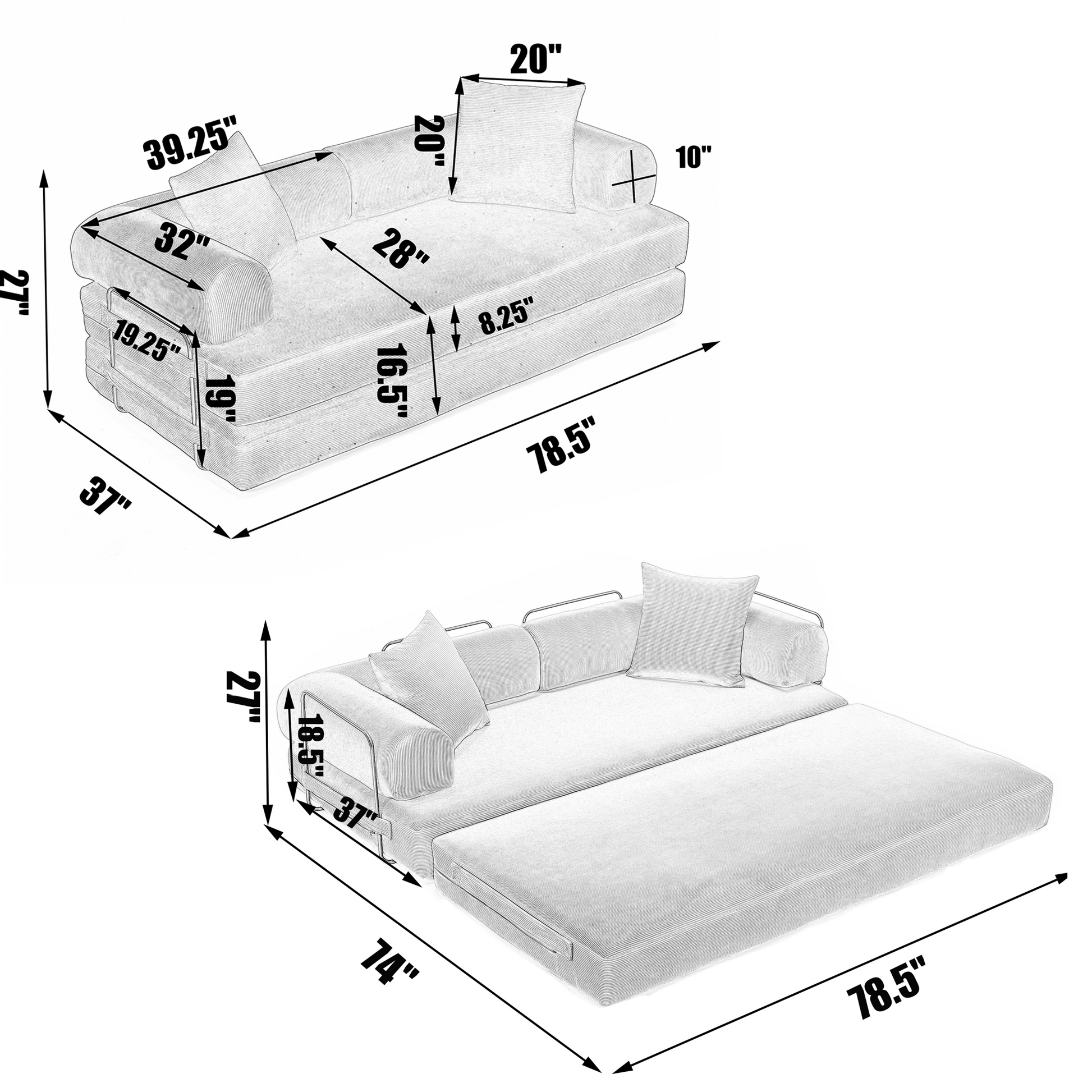 Arrived 78.5" Folding Convertible Out Sleeper Sofa Bed,4 In 1 Diy Combination Convertible Sofa,3 Seat, Folding Sofa, King Sizebedroom,Apartment,Corduroy,Green,Black Black Polyester Primary Living