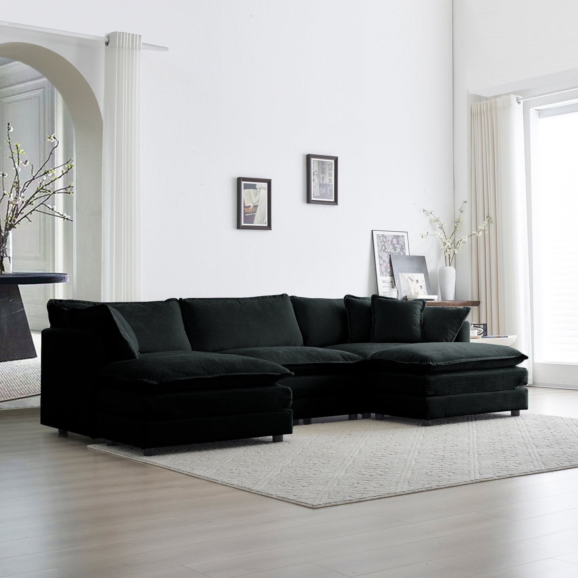 U Shaped Sectional Sofa W Reversible Footrest, 5 Seater Convertible Corner Couch With 2 Ottomans ,Modern Minimalist Soft Sofa & Couch For Living Roomblack Chenille Black Chenille 3 Seat