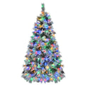 6Ft Pre Lit Spruce Snow Flocked Christmas Tree With Pine Cones, Artificial Xmas Tree With 403 Branch Tips,Mixed Pe & Pvc Branches, 250 Multi Color Led Lights, 11 Flashing Modes, Holiday D Cor White Green Polyethylene,Pvc