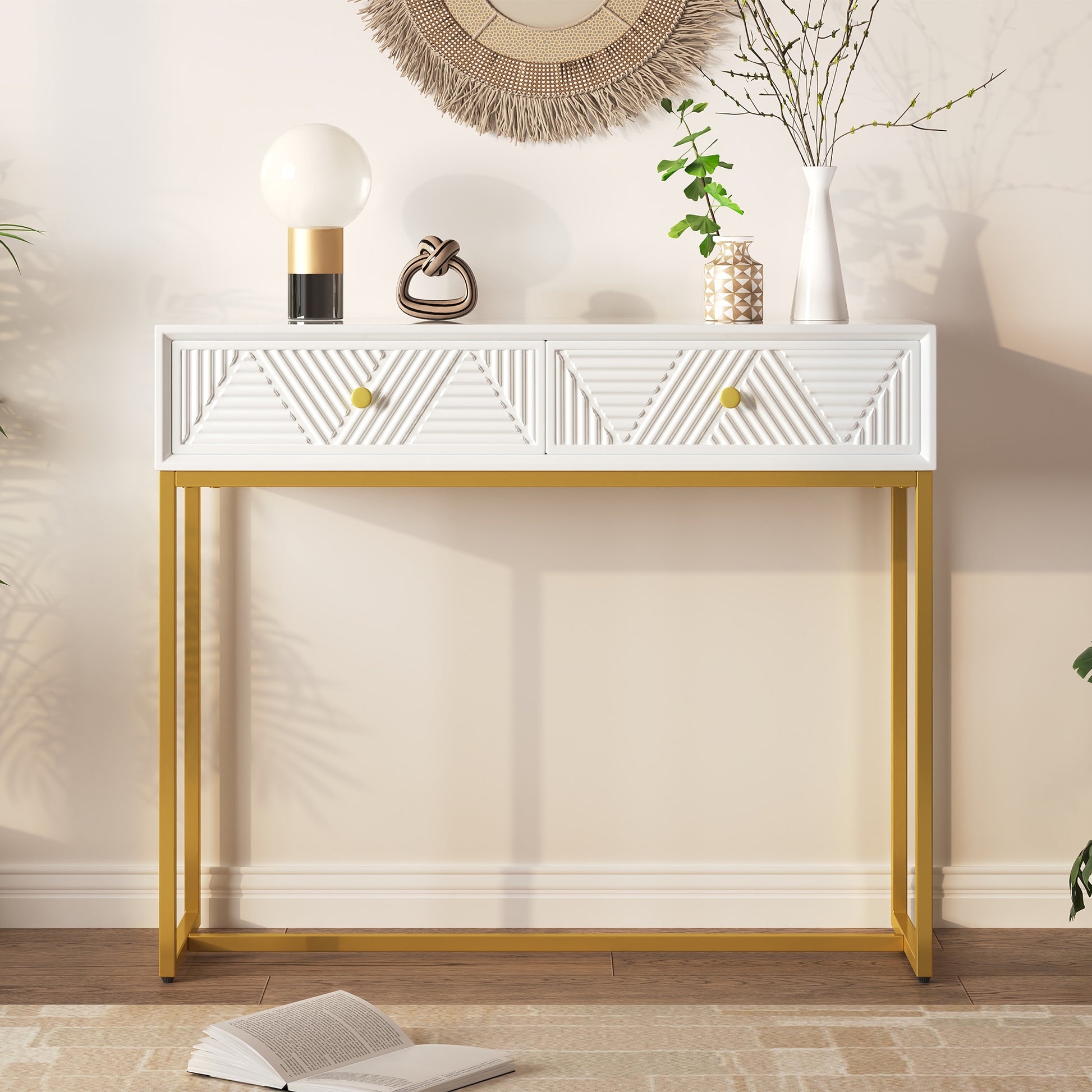 Modern Sleek Console Table Two Drawers With Stripe Design For Living Room And Entryway White White Mdf