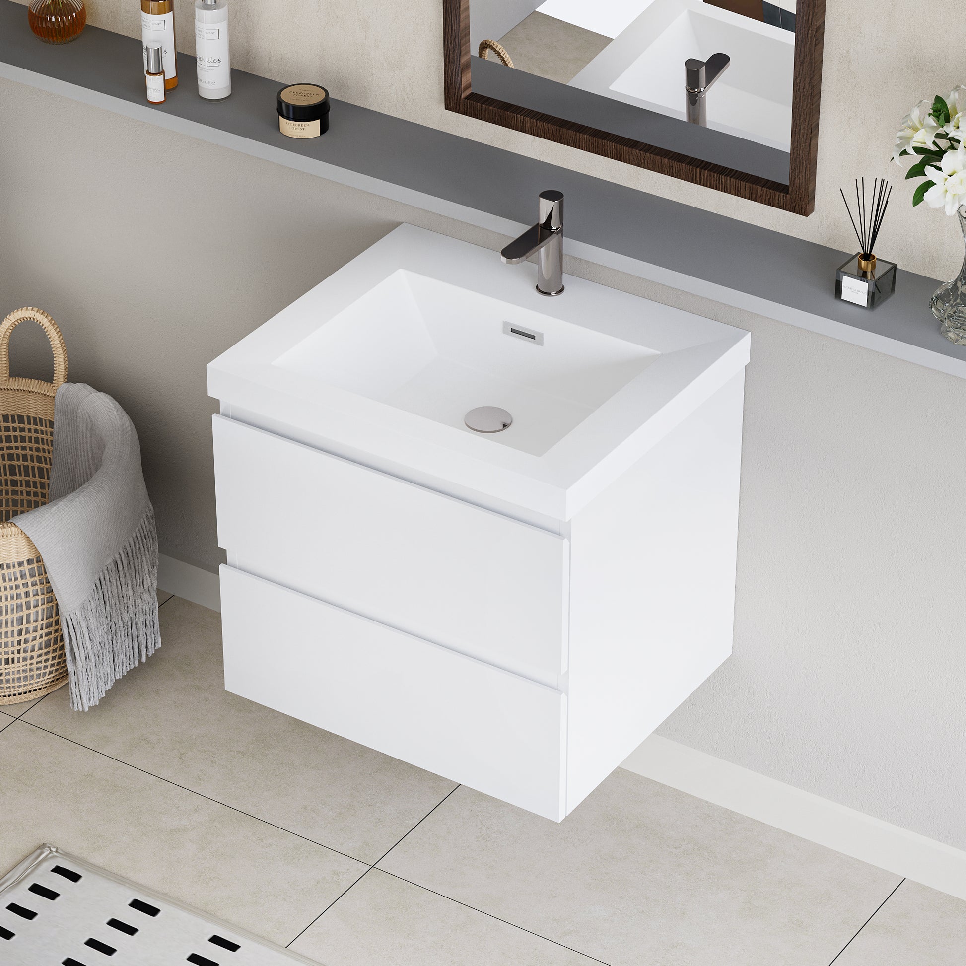 24" Floating Bathroom Vanity With Sink, Modern Wall Mounted Bathroom Storage Vanity Cabinet With Resin Top Basin And Soft Close Drawers, Glossy White 24V11 24Gw White Mdf