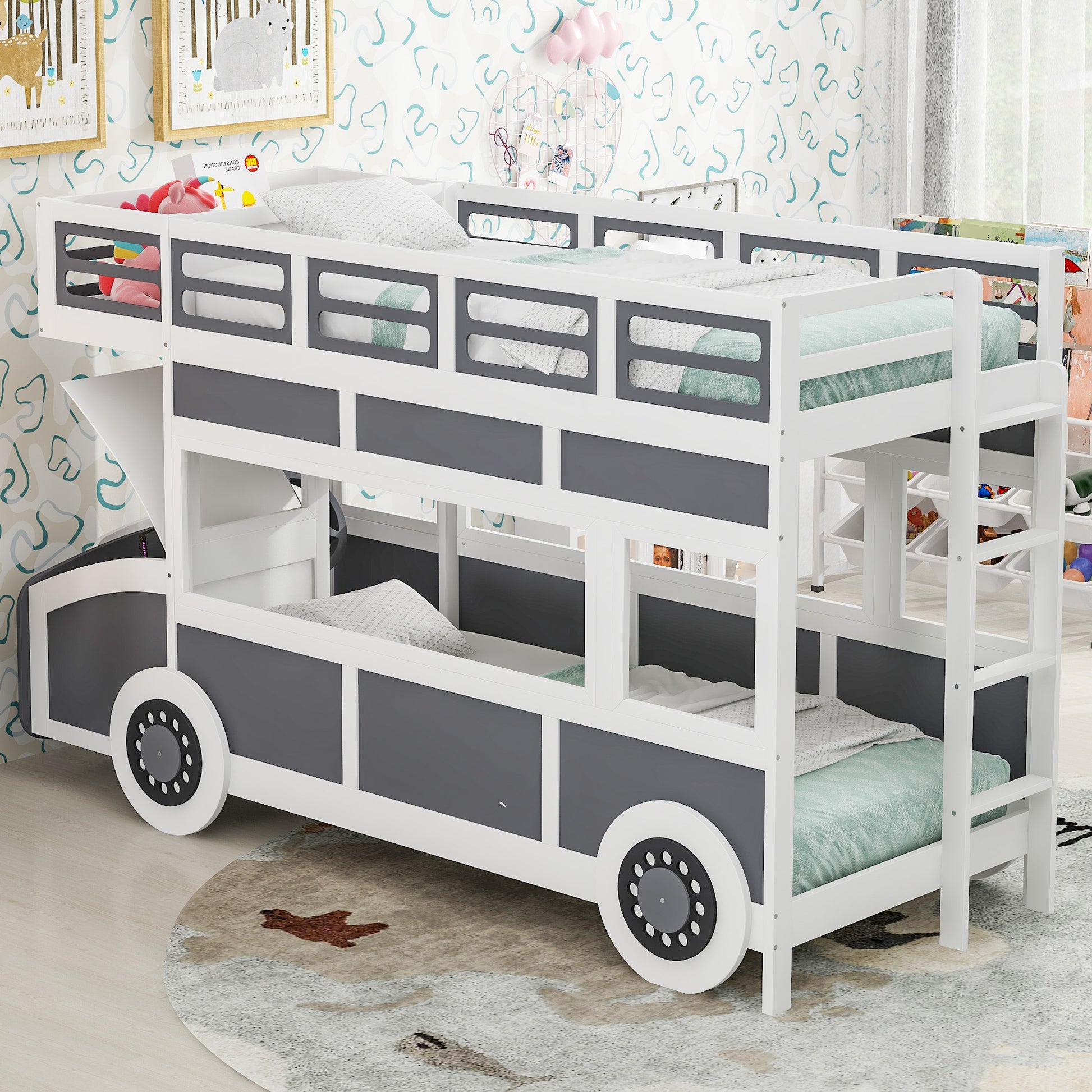 Twin Over Twin Bus Shaped Bunk Bed With Wheels And Storage, Gray White Box Spring Not Required Twin Grey White Wood Bedroom Solid Wood Mdf