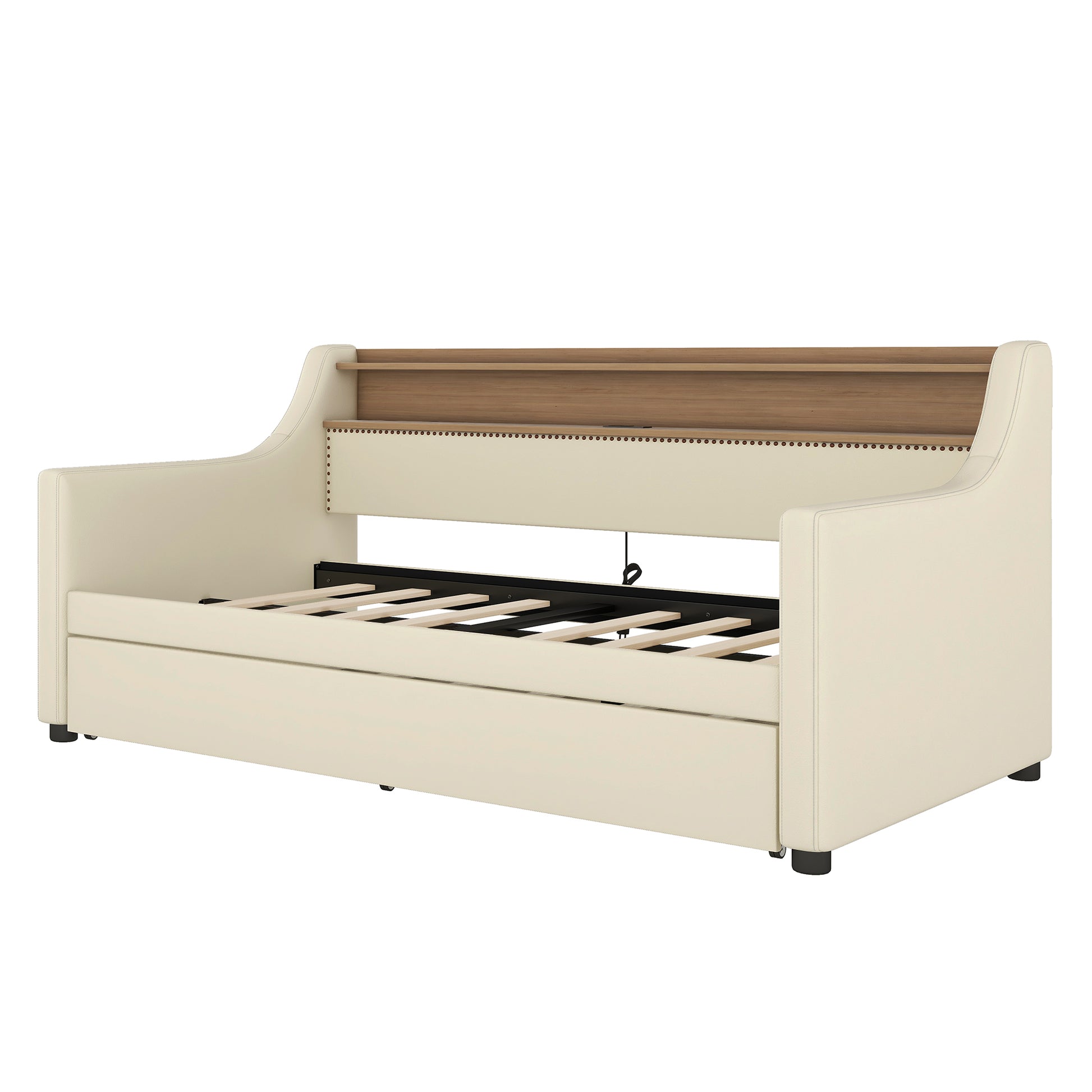 Twin Size Daybed With Trundle, Upholstered Daybed With Charging Station And Led Lights, Beige Twin Beige Pu Leather