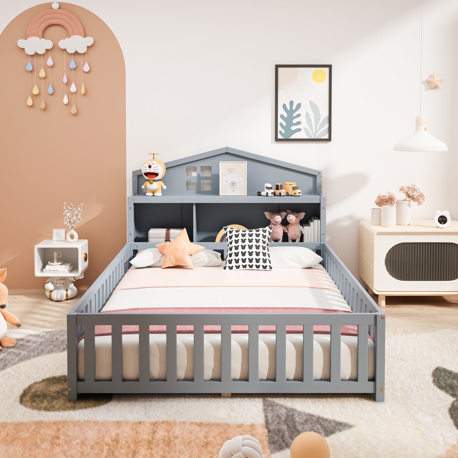 Full Size Floor Beds With Bookcases And Blackboards, Versatile Platform Beds With Guard Rails, Solid Wood Floor Beds With Storage Headboards, Floor Beds For Kids And Teens Grey Full Grey Plywood