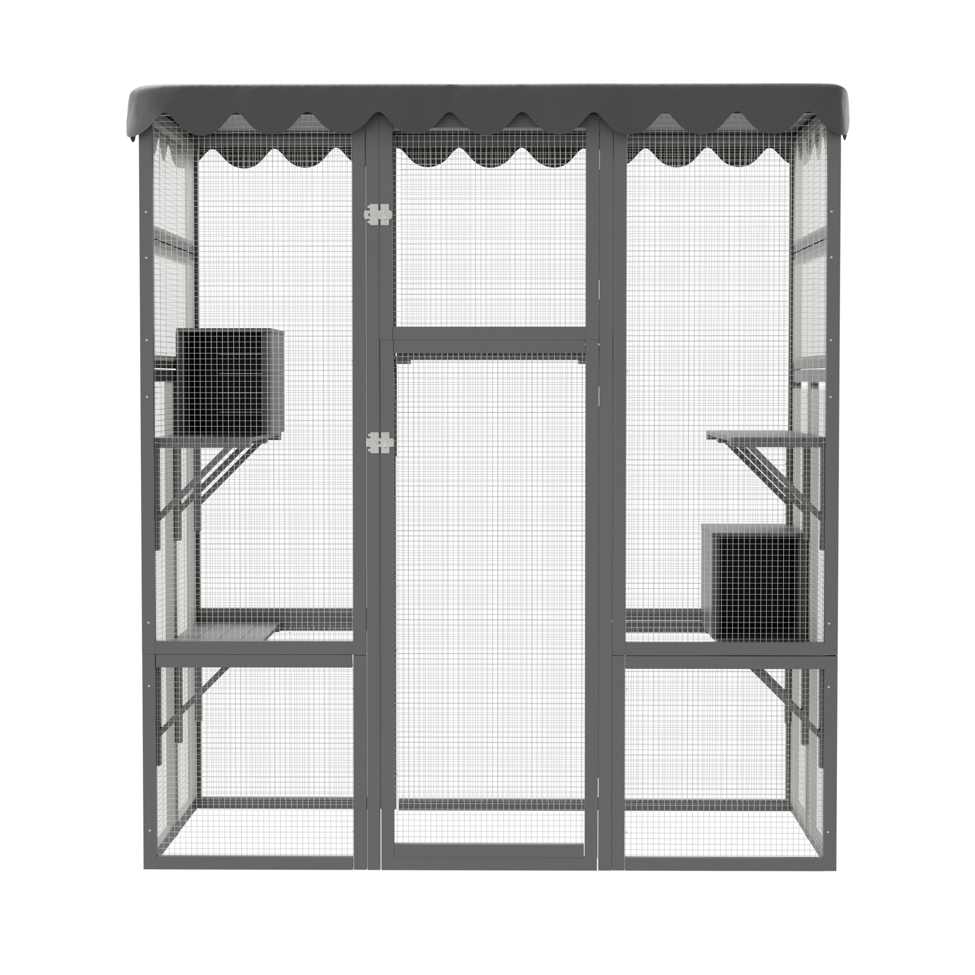 Outdoor Cat House Big Catio Wooden Feral Cat Shelter Enclosure With Large Spacious Interior, 6 High Ledges, Weather Protection Asphalt Roof Grey Wood