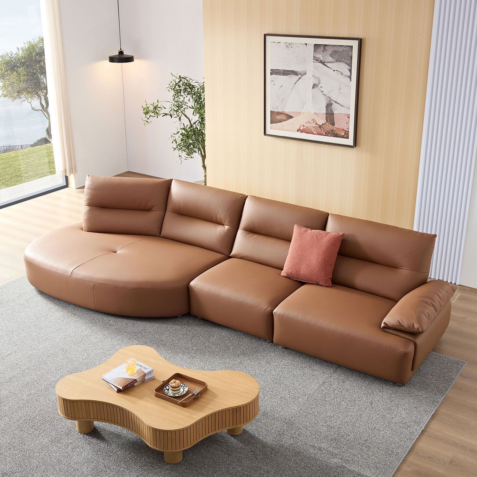 147.24'' Oversied Modern Sectional Curved Shaped Sofa Couch For Living Room,Upholstered 5 Seat Sofa Eco Leather Couch Set ,Brown Brown Leather 5 Seat