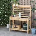 Outsunny Potting Bench Table, Garden Work Bench, Workstation With Metal Sieve Screen, Removable Sink, Additional Hooks And Baskets For Patio, Courtyards, Balcony, Natural Natural Wood