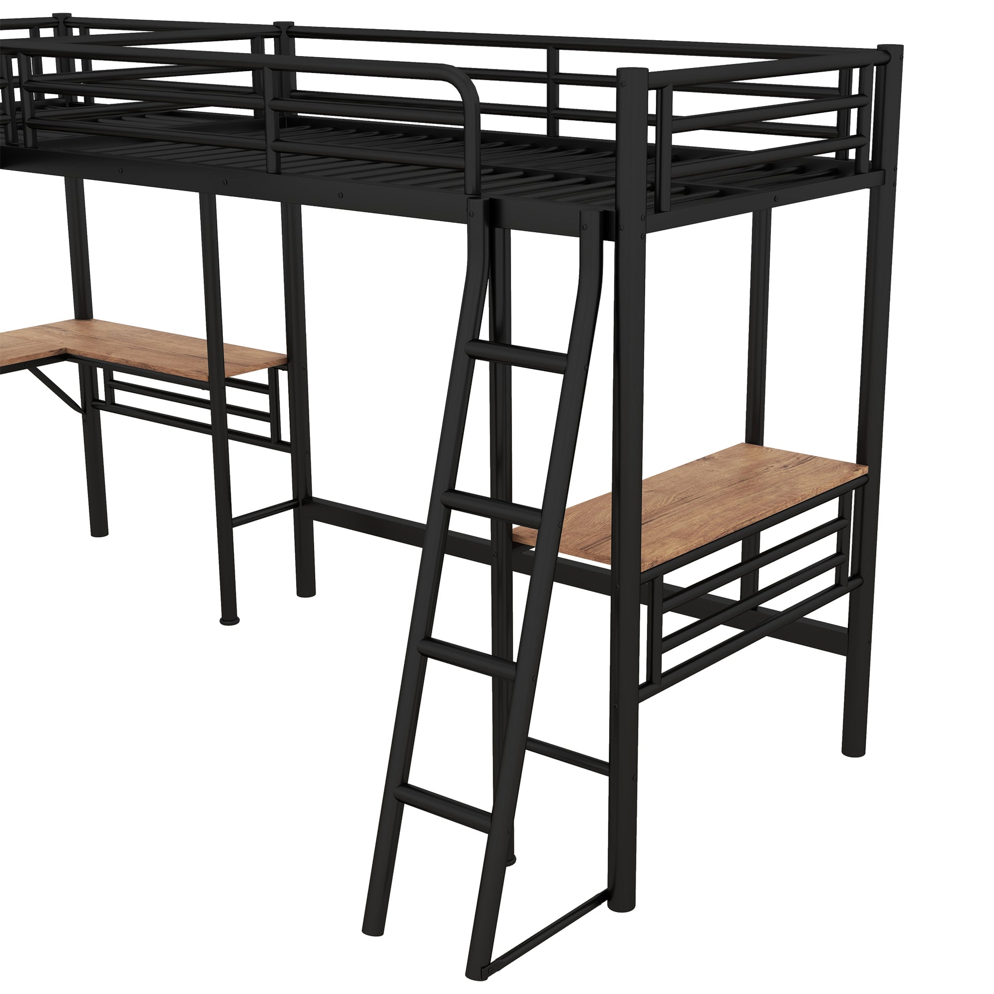 Twin Size Metal Loft Bed With Two Built In Desks,Black Twin Black Metal