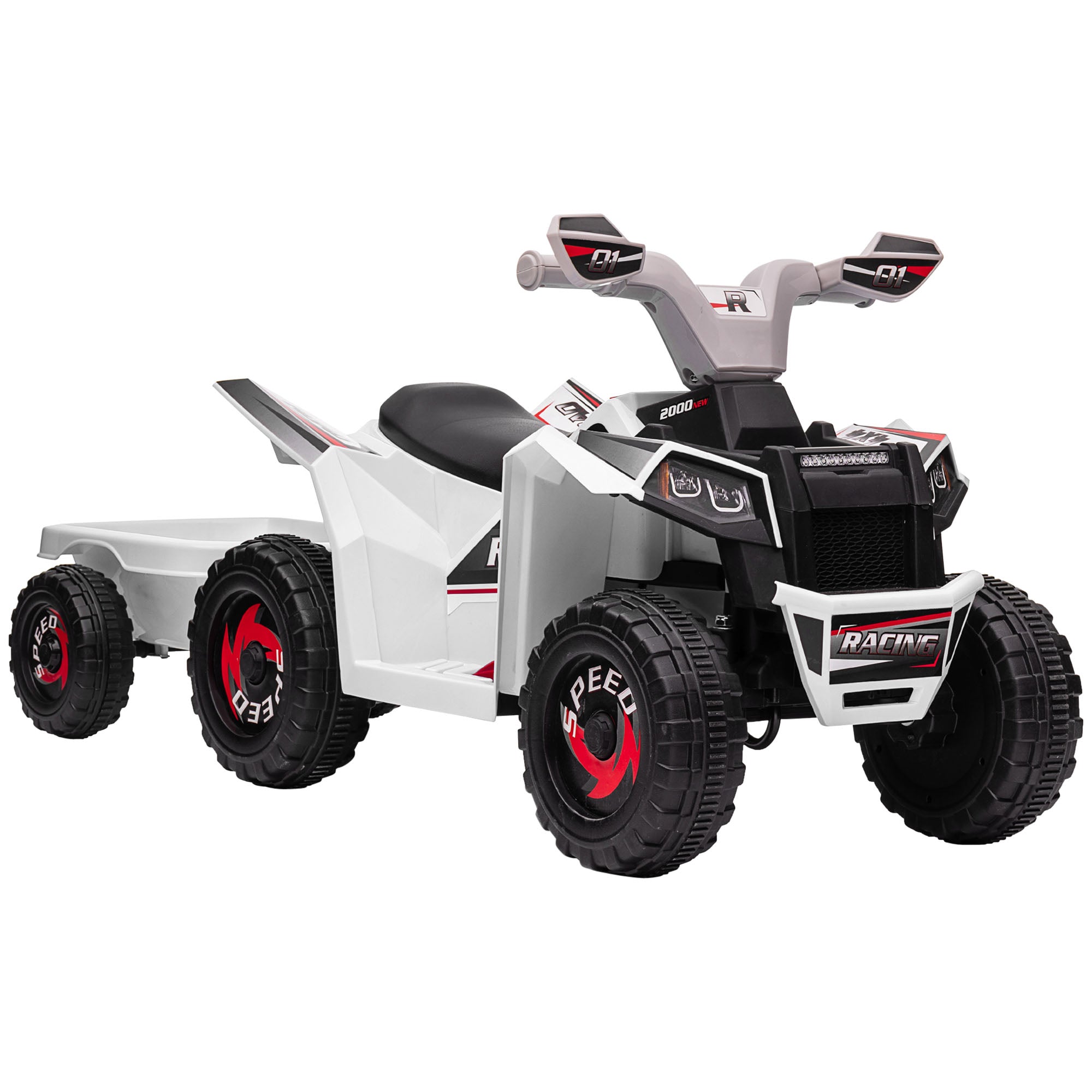 Aosom Kids Atv Quad Car With Back Trailer, 6V Electric Ride On Car With Forward Backward Function, Wear Resistant Wheels For Toddlers Ages 18 36 Months, White White Plastic