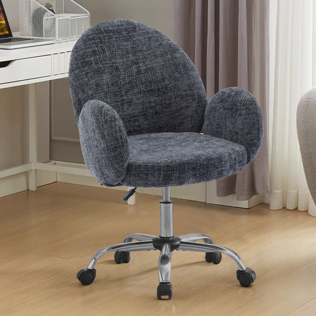 Ytt Rotating Office Chair With High Backrest Armrest, Wide Seat Round Armrest Office Chair With Wheels, Suitable For Living Room, Bedroom, Lounge, Home Office Blue Linen