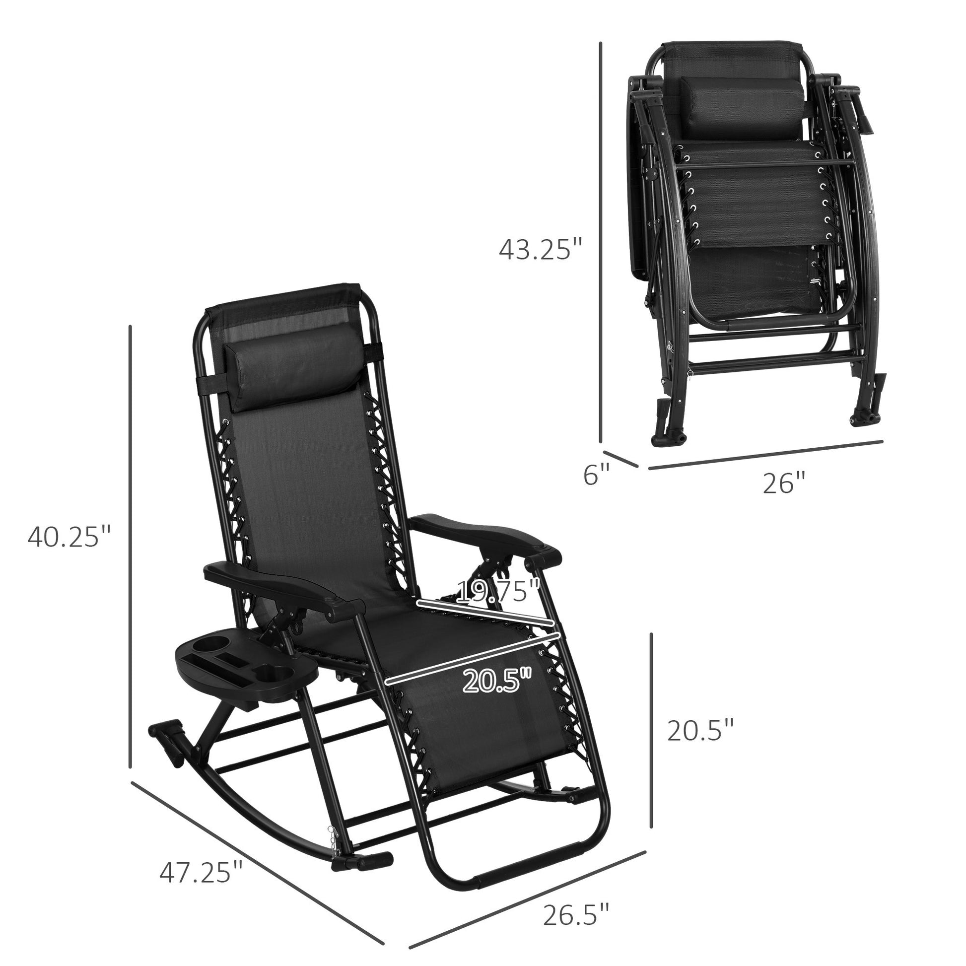 Outsunny 2 Pieces Outdoor Rocking Chairs, Foldable Reclining Zero Gravity Lounge Rocker With Pillow, Cup & Phone Holder, Combo Design With Folding Legs, Black Black Steel