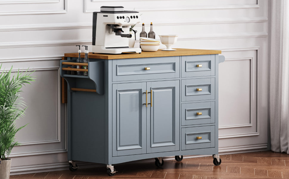 K&K 52'' Kitchen Island With Drop Leaf, Embossed Texture Kitchen Island On Wheels With Spice Rack, Towel Rack, 2 Doors And 5 Drawers, Kitchen Storage Cart With Adjustable Shelf For Kitchen, Blue