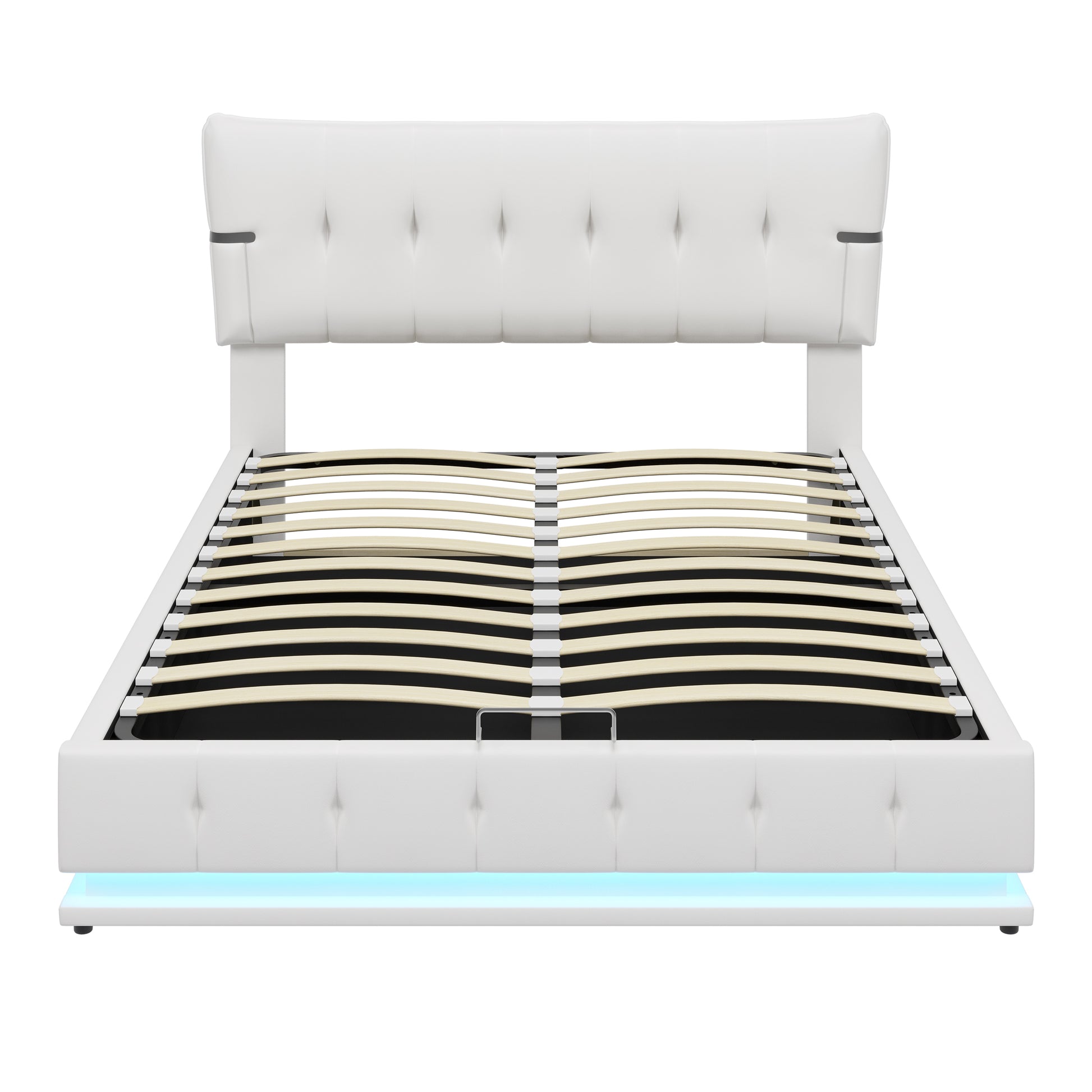 Upholstered Platform Queen Size Hydraulic Storage Bed, Lift Up Storage Bed With Rgb Led Light, Pu Leather Headboard And Footboard, No Box Spring Needed, White Queen White Wood Metal