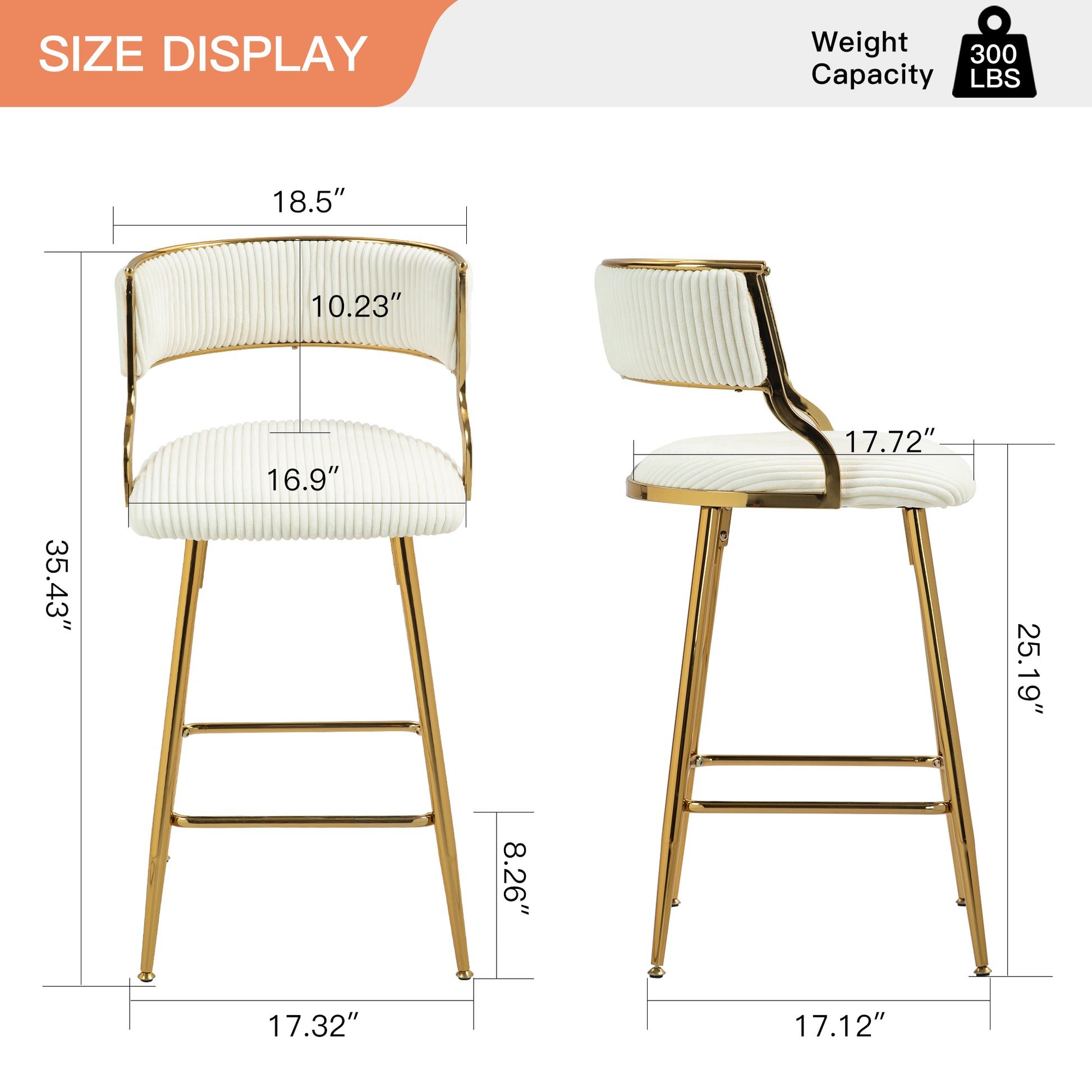 Set Of 2 26'' Counter Height Bar Stools Corduroy Kitchen Island Counter Bar Stool With Back,Golden Chromed Base And Footrest Beige Beige Kitchen Modern Foam Corduroy