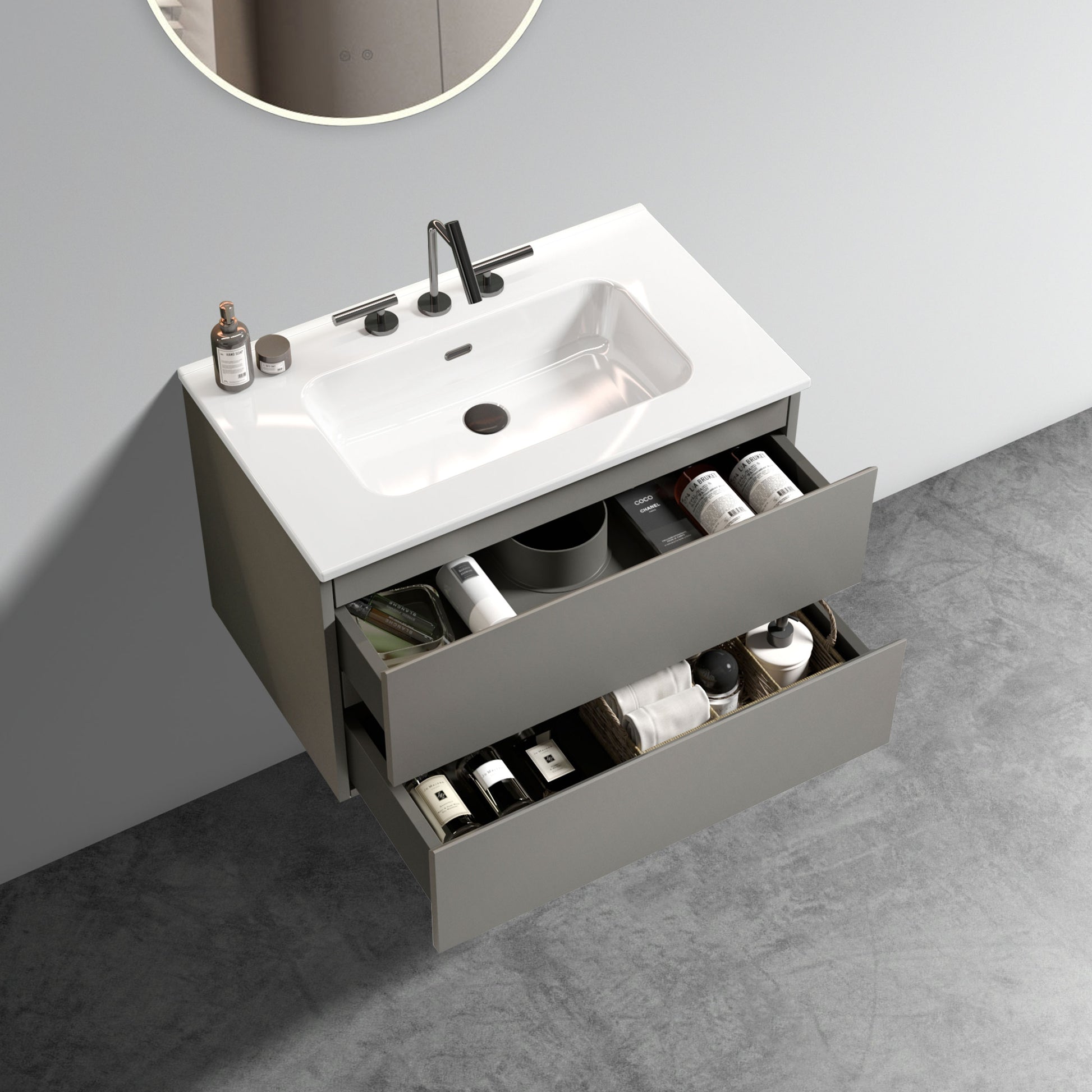 Tia 30" Wall Mount Space Grey Bathroom Vanity With Ceramic Sink With Three Faucet Holes, Large Storage Floating Bathroom Vanity For Modern Bathroom, Pre Assembled White Gray Bathroom Modern Ceramic