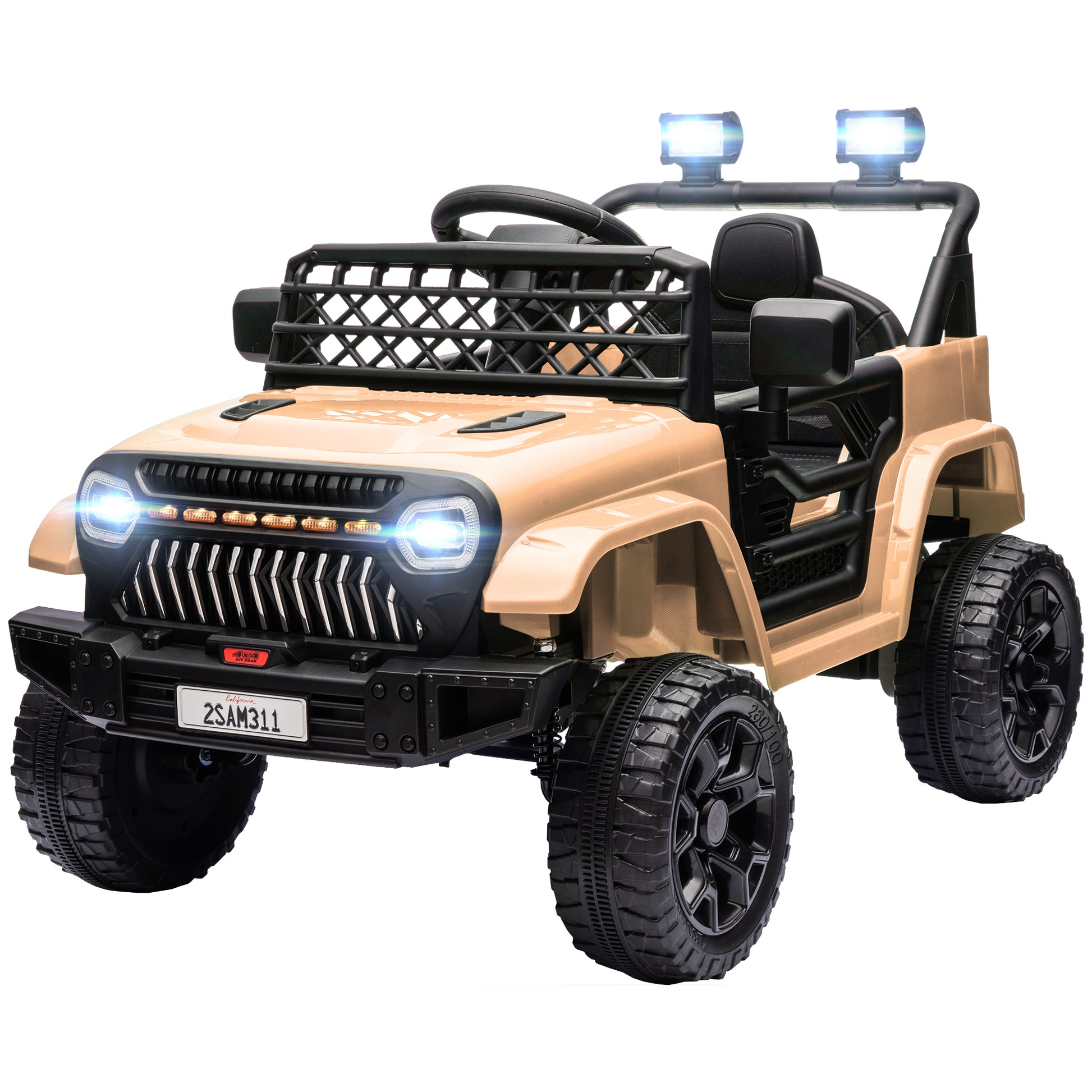 Qaba 12V Ride On Truck, Battery Powered Kids Electric Car Utv With 4 Suspension Wheels, Remote Control, 3 Speeds, Led Headlights, Horn, Usb Music, Khaki Khaki Plastic