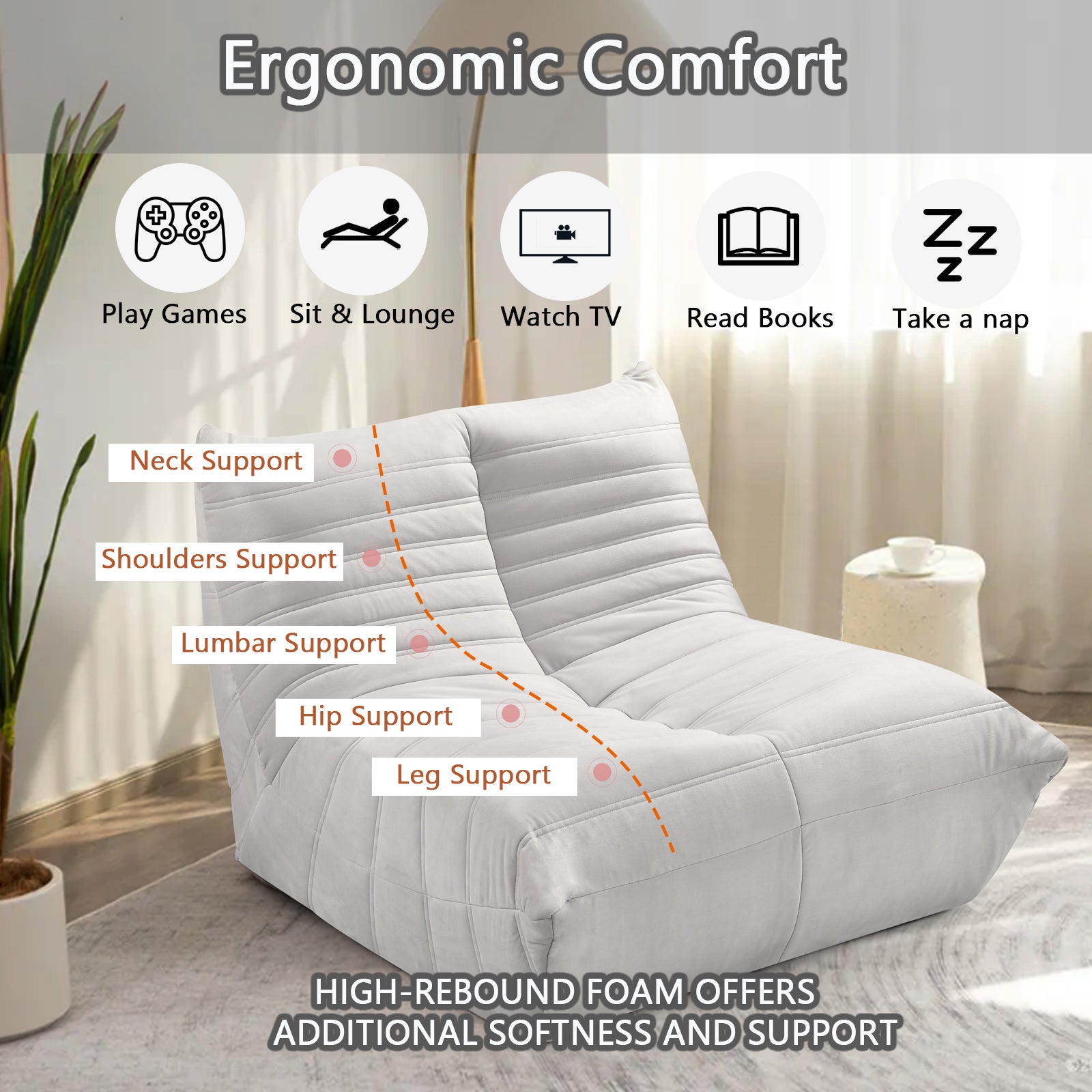 Fireside Chair, Large Bean Bag Chair For Adults, Lazy Floor Sofa For Home, Playing Bean Bag Chair, One Piece High Resillence Sponge, Flannelette Fabric, Light Gray Light Gray Soft Foam Flannelette,Foam