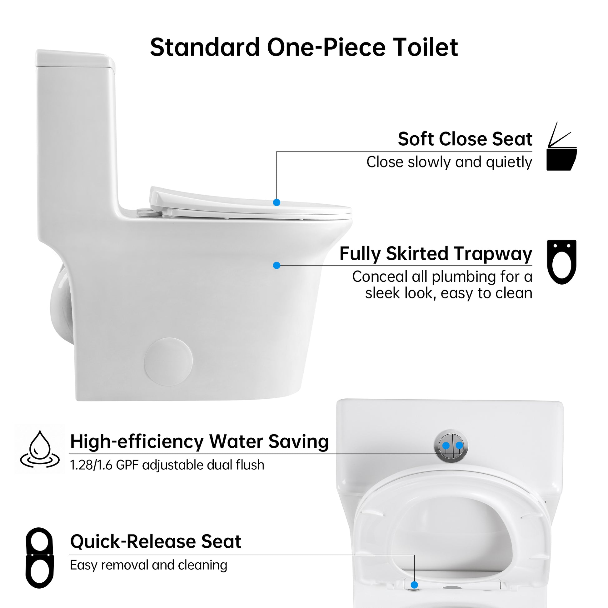 1.1 1.6 Gpf Elongated Comfort Height Super Quite Flushing Floor Mounted One Piece Toilet, Cupc Certified, Watersense Cetified, Ceramic, White Color, Soft Close Seat White Ceramic